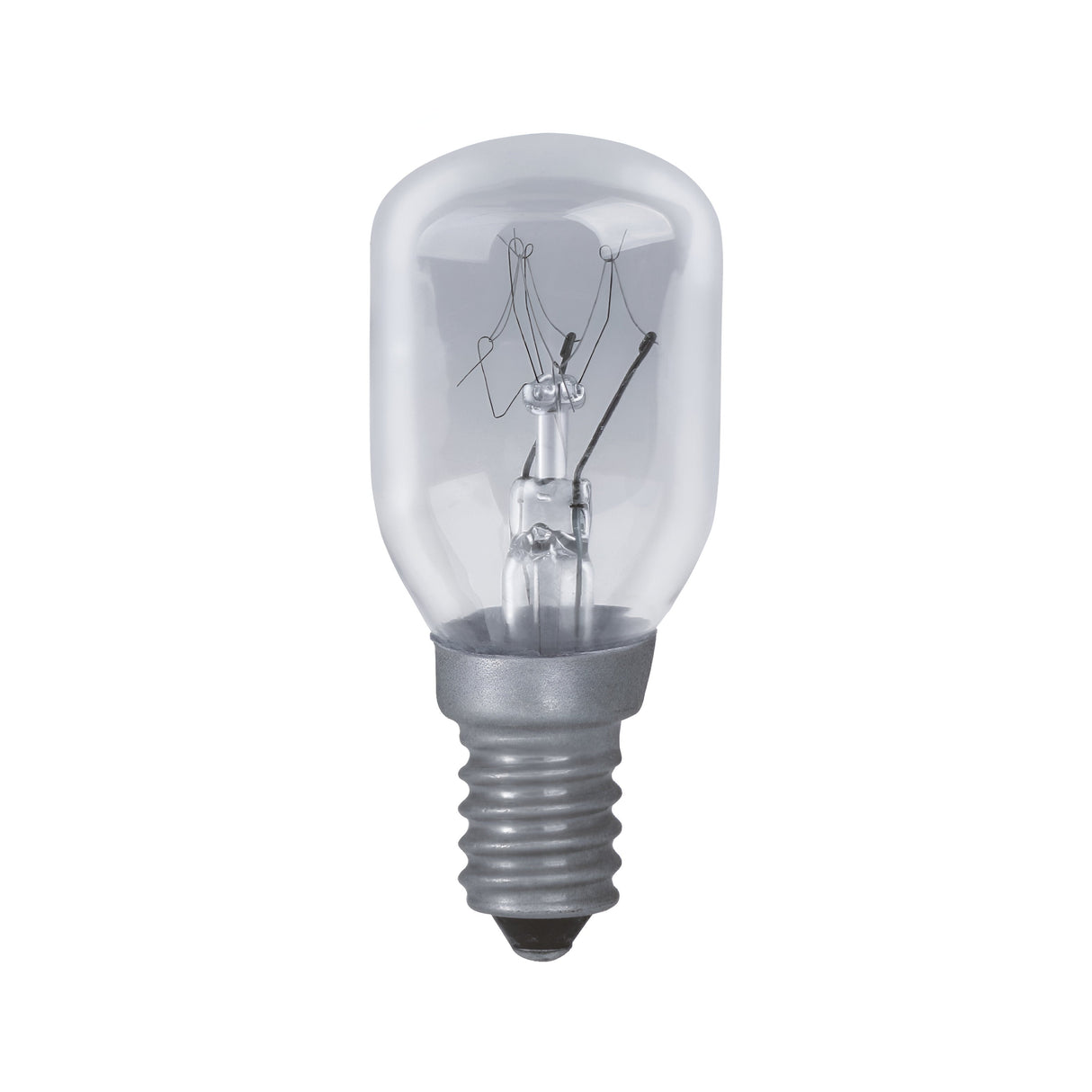 An illustration of a transparent, compact 15W Eveready Pygmy Bulb featuring a silver E14 screw base. The internal filament is visible through the clear glass, emitting a warm white light at 2800K. It is set against a white background, resembling a classic design.