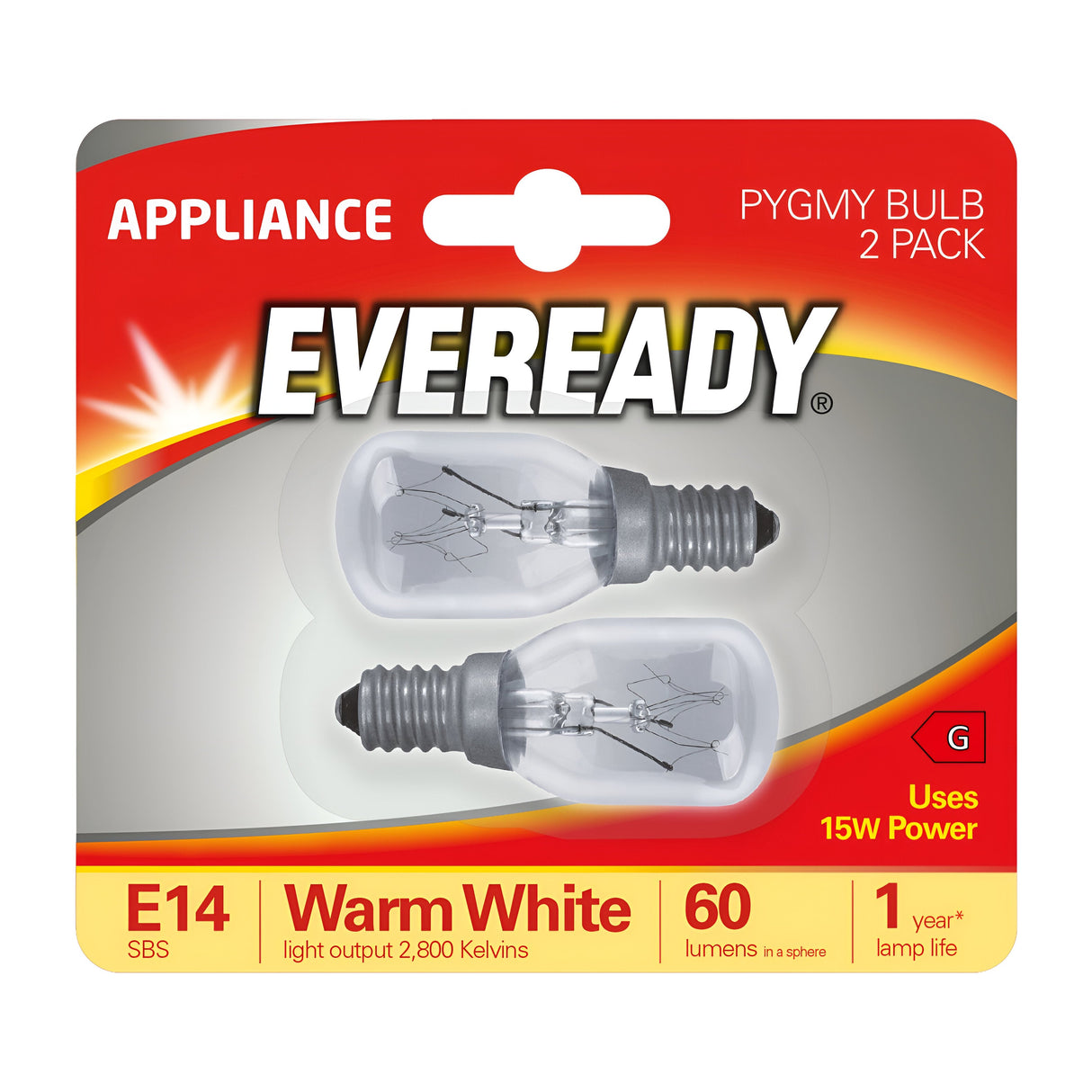 The Eveready 15W Non-Dimmable Pygmy Bulb packaging contains two E14 warm white bulbs, each using 15W and producing 60 lumens at a color temperature of 3000 Kelvins. The package, designed with a red and white background, assures a lamp life of one year and prominently displays the product details.