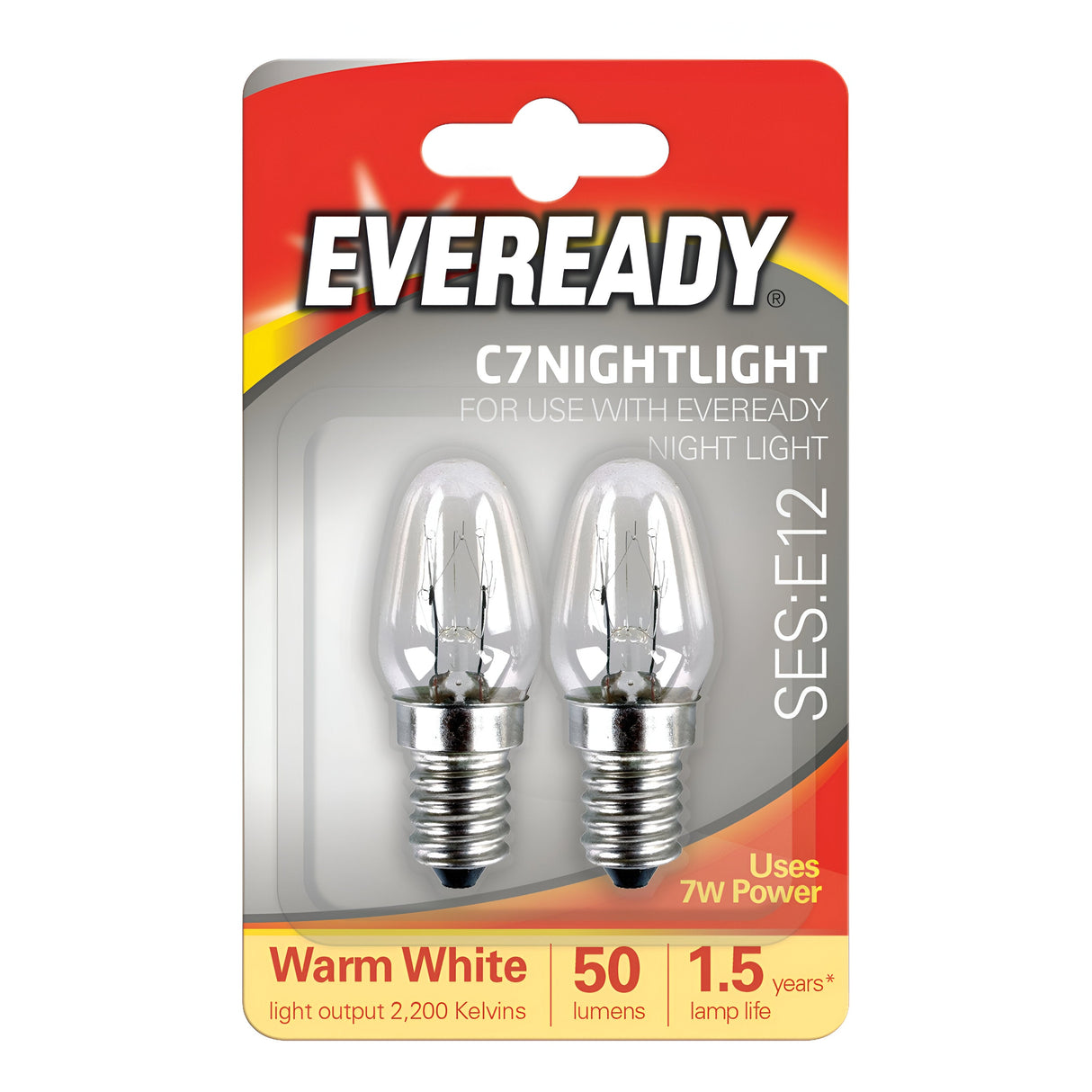 The packaging of the Eveready 7W Non-dimmable C7 Night Bulb - Warm White, E12, 2200K (2 Pack) includes two incandescent bulbs. The card highlights features such as a warm white light with 50 lumens, a color temperature of 2,200 Kelvins, and a power rating of 7 watts, offering a lamp life of 1.5 years for E12 base sockets. The text is prominently displayed in bold red and yellow colors.