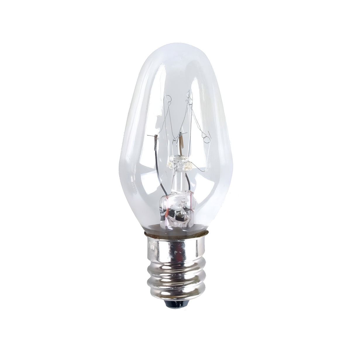 An Eveready 7W warm white incandescent C7 light bulb featuring an E12 metal screw base and a visible filament, set against a white background.