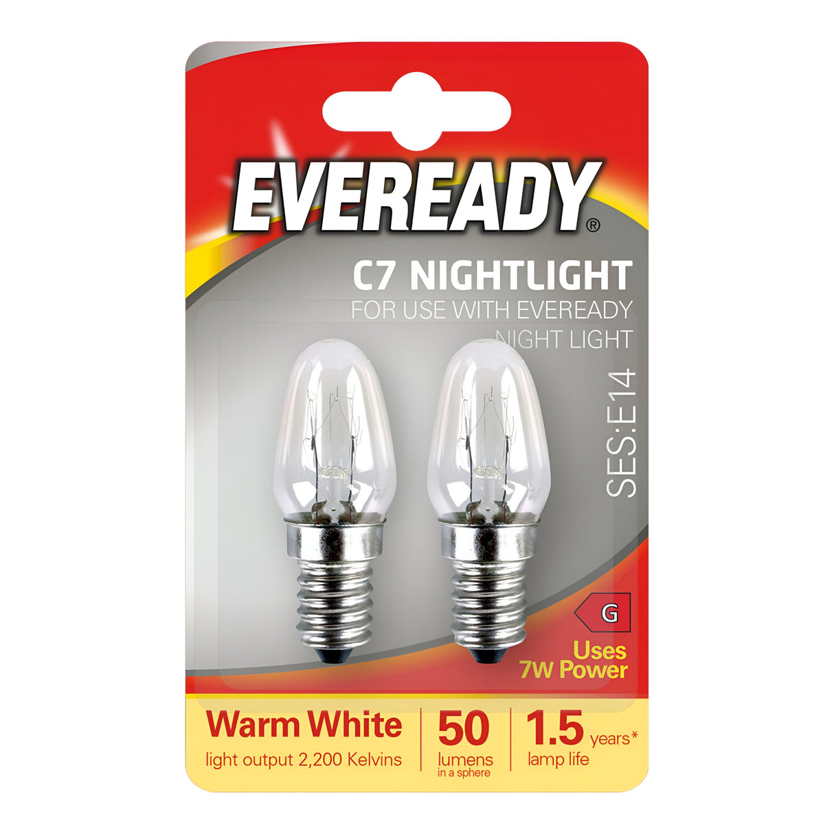 The Eveready 7W Non-dimmable C7 Night Bulb - Warm White, E14, 2200K comes in a pack of two bulbs that each emit 50 lumens. Designed for use with Eveready night lights, these bulbs feature an SES: E14 base and have an estimated lifespan of 1.5 years.