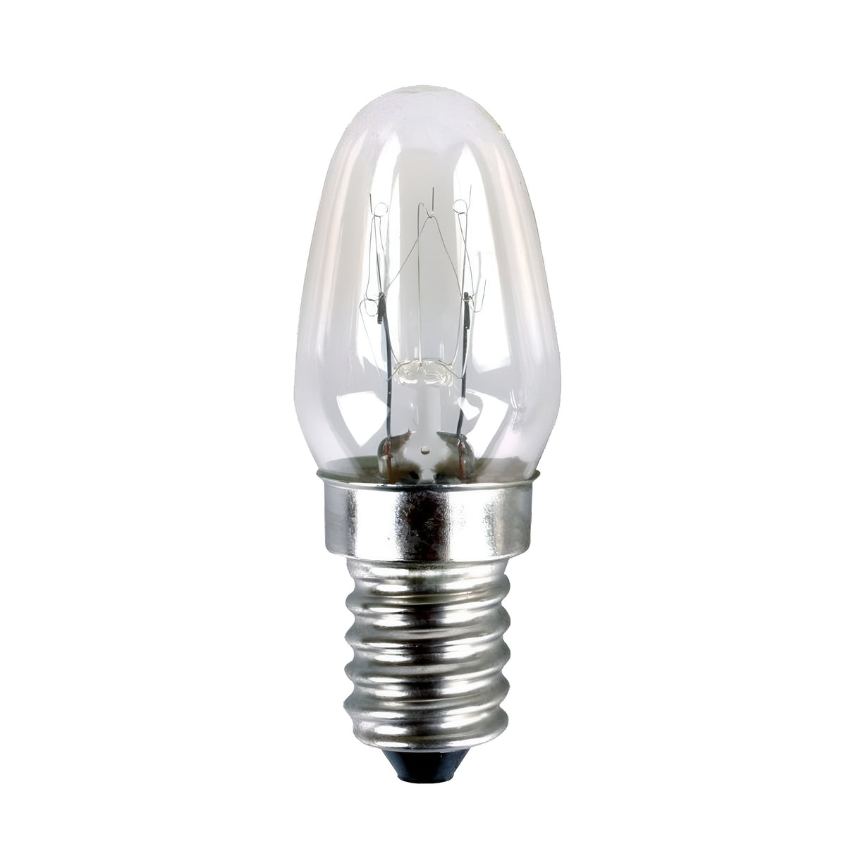 A clear, compact Eveready 7W Non-dimmable C7 Night Bulb featuring a silver E14 screw base is displayed against a plain white background. The bulb emits warm white light at 2200K, showcasing a visible filament inside.