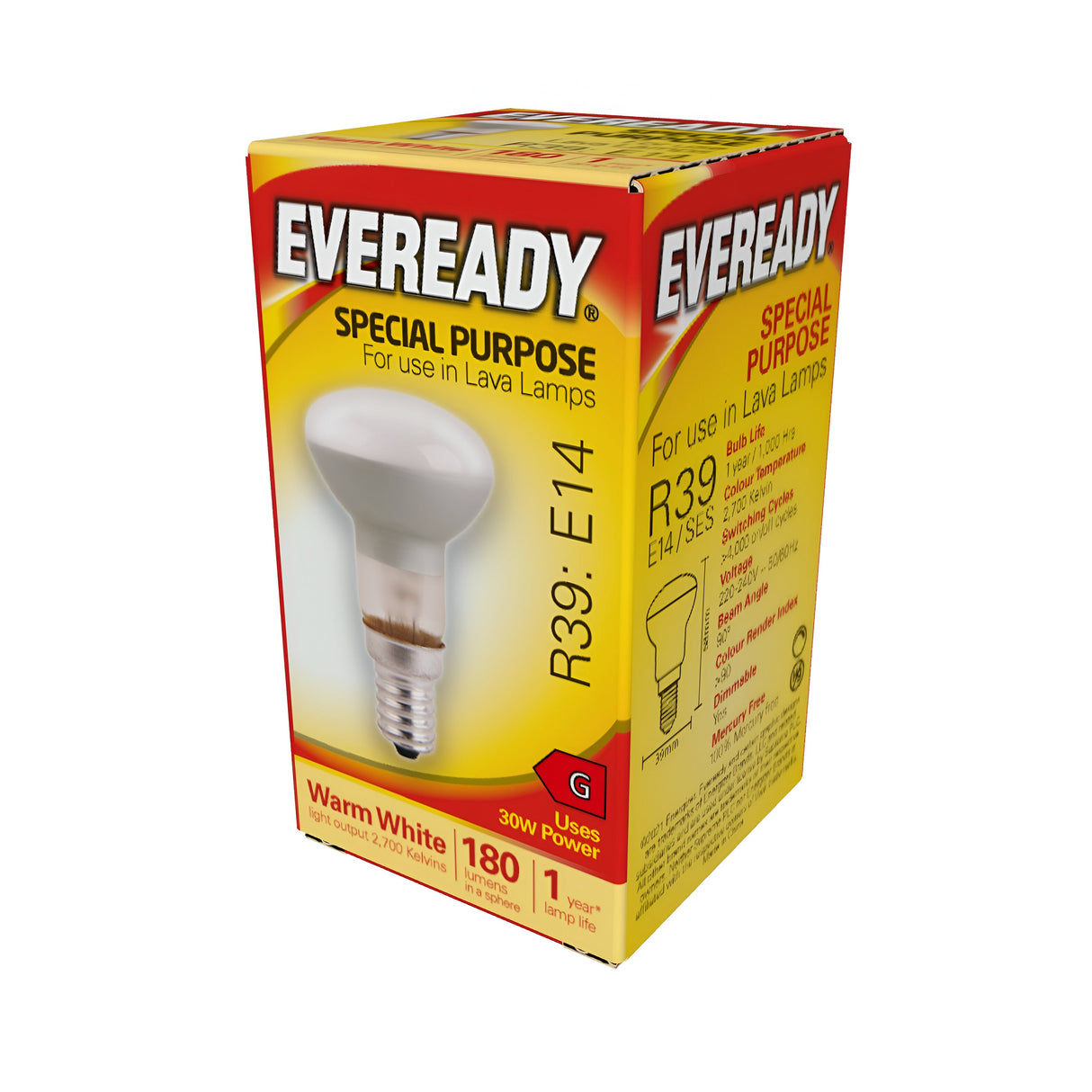 An Eveready box labeled Special Purpose, featuring a red and yellow design with an image of a light bulb, is perfect for lava lamps and contains the Eveready 30W Non-Dimmable R39 Reflector Bulb in warm white. It has an E14 base, emits 180 lumens, and operates at 2700K.