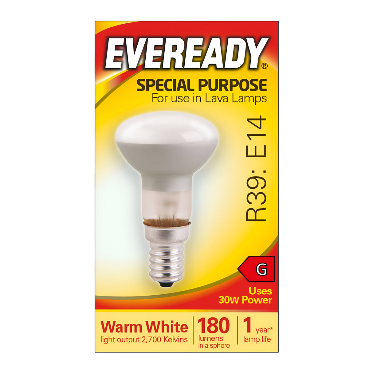 Image of a light bulb box labeled Eveready 30W Non-Dimmable R39 Reflector Bulb - Warm White, E14, 2700K. This incandescent bulb is ideal for lava lamps, providing warm white light at 2700K with an output of 180 lumens and a G energy rating, boasting a lamp life of up to one year.