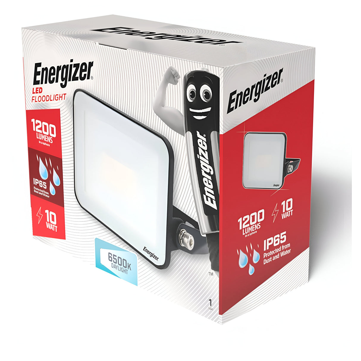 The Energizer 10W LED Floodlight - 6,500K (Daylight) packaging features a colorful cartoon battery character with a smiling face and flexed arm, emphasizing its outdoor lighting capabilities. With 1200 lumens, 10 watts, and IP65 protection, this energy-efficient lighting solution ensures durability against dust and water.