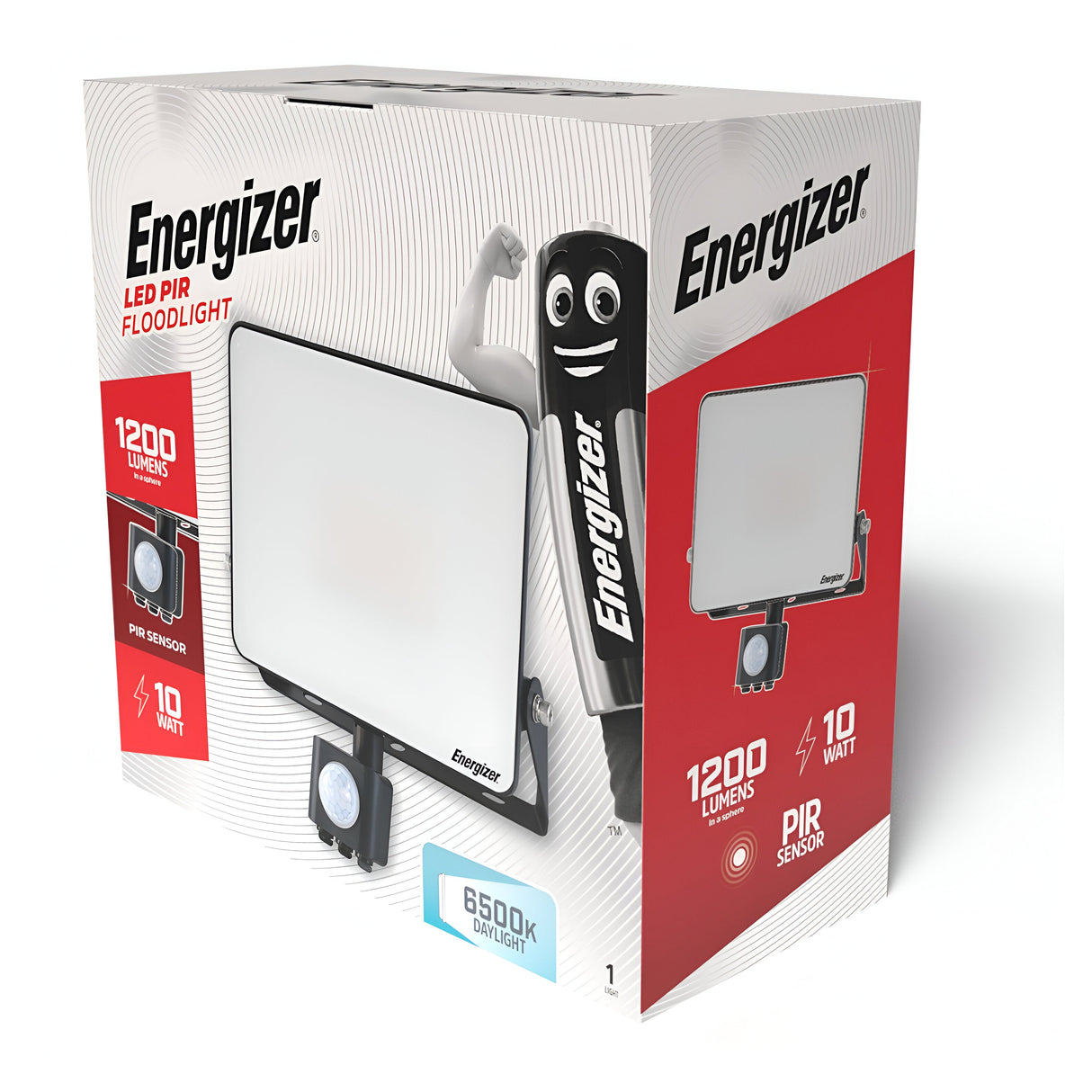 The packaging for the Energizer 10W LED PIR Floodlight - 6,500K (Daylight) highlights its energy-efficient attributes: providing 1200 lumens of brightness while using only 10 watts of power. It features motion detection through a PIR sensor and offers bright daylight illumination at 6500K. The box is adorned with the signature Energizer mascot and features a detailed image of the floodlight.
