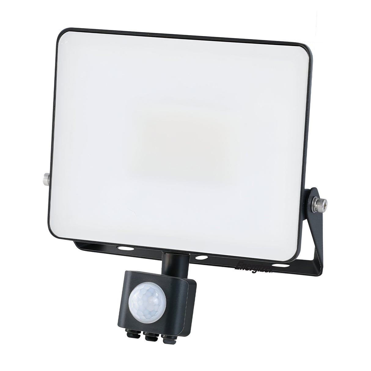 The Energizer 10W LED PIR Floodlight in a rectangular shape features a black frame and white front panel, mounted on a bracket. It includes motion detection beneath the light panel for energy-efficient illumination, offering 6,500K daylight brightness.