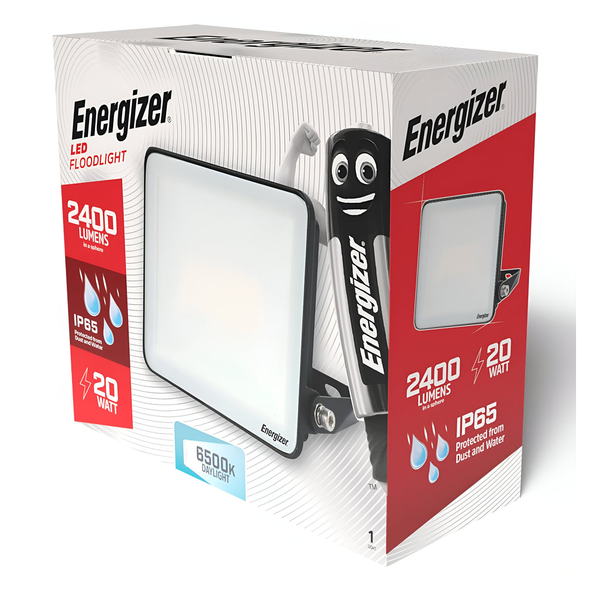 The image displays the product box for an Energizer 20W LED Floodlight - 6,500K (Daylight). The box highlights features such as a brightness of 2400 lumens, efficient 20-watt power usage, an IP65 waterproof rating, and a crisp color temperature of 6500K. Designed for outdoor lighting, it also showcases a cartoon battery character and emphasizes the motion detection capability.