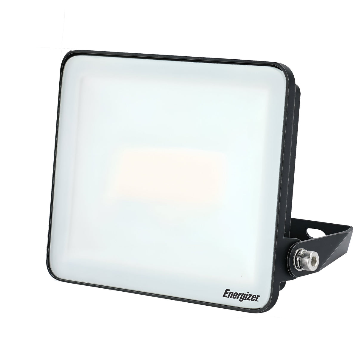 The Energizer 20W LED Floodlight - 6,500K (Daylight) boasts a sleek black frame and white panel, ideal for outdoor lighting. The Energizer logo is prominently displayed in the bottom right corner. It is mounted on an adjustable black stand with a visible screw, providing efficient motion detection for enhanced security.