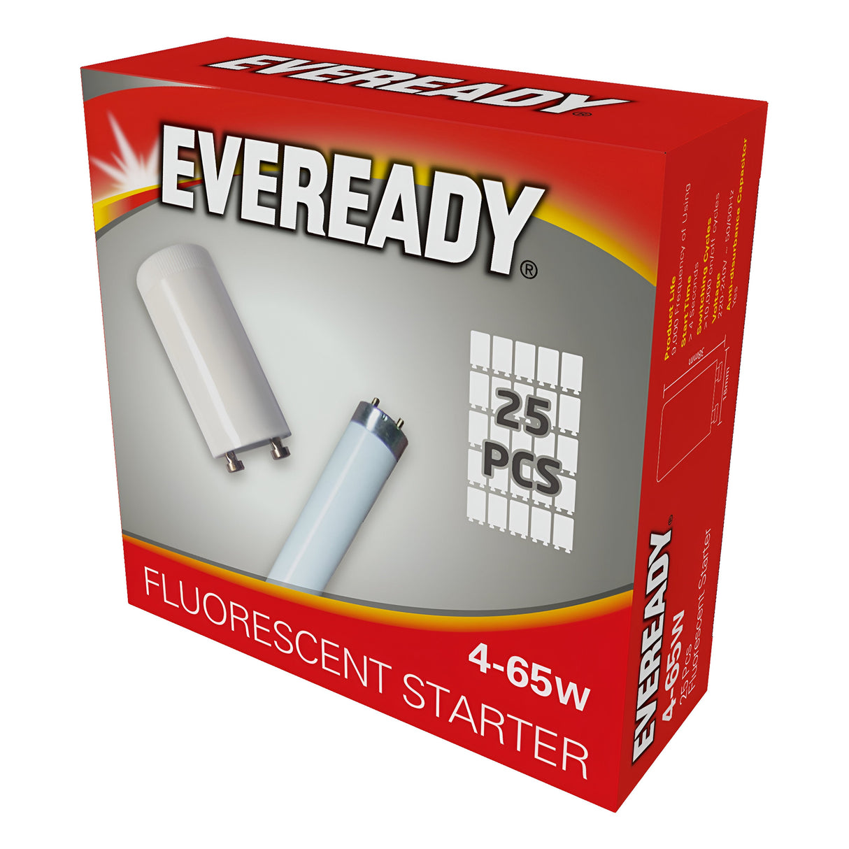 The packaging of the Eveready 65W Fluorescent Starter features a red and white design, highlighting one starter bulb specifically labeled for lighting systems. It includes text indicating 25 pieces, suitable for wattages from 4 to 65, making it perfect for high-usage environments.