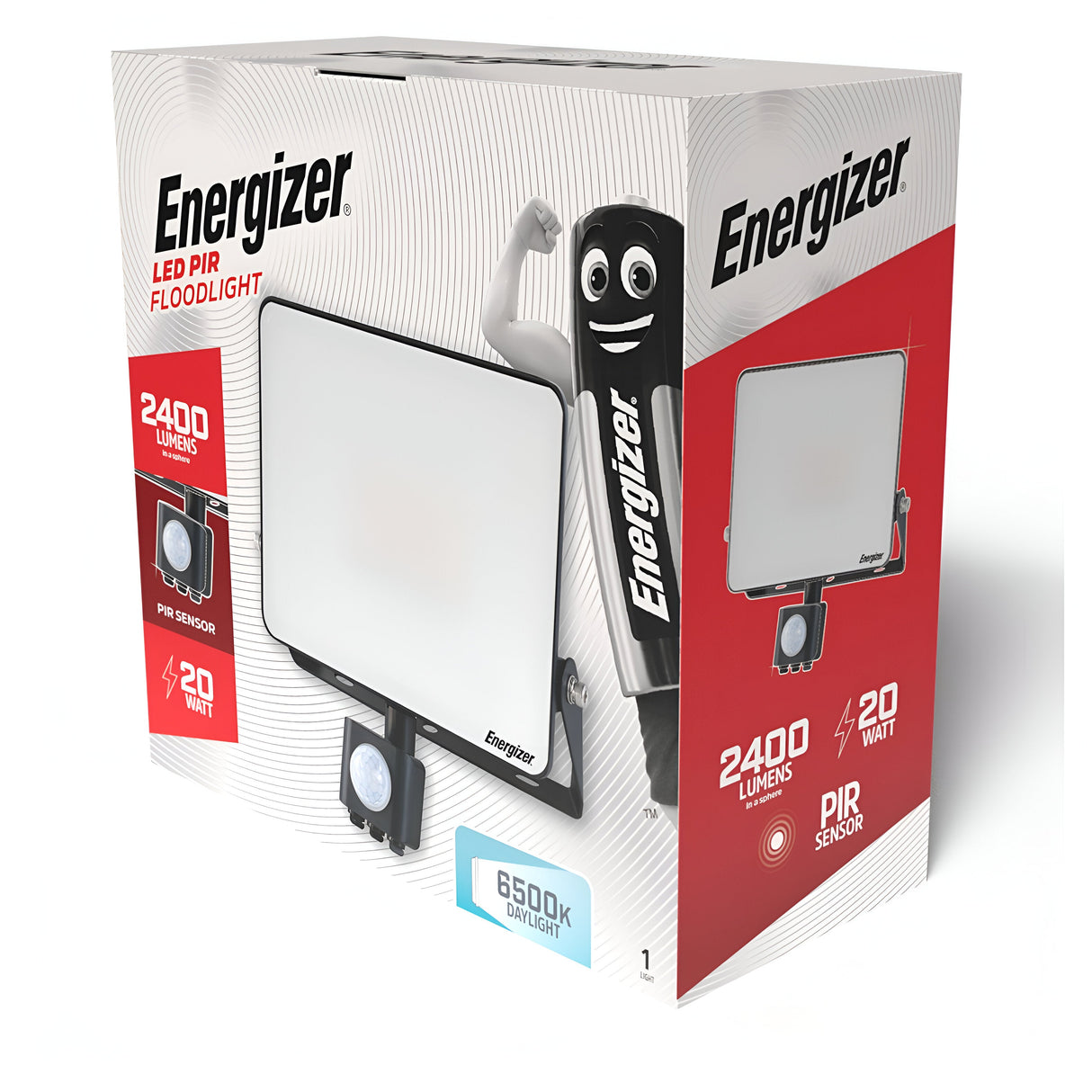 Packaging for the Energizer 20W LED PIR Floodlight - 6,500K (Daylight) highlights features such as its outdoor lighting design, offering 2400 lumens and a motion sensor with PIR technology. The box includes an illustration of the floodlight accompanied by a character on the side.