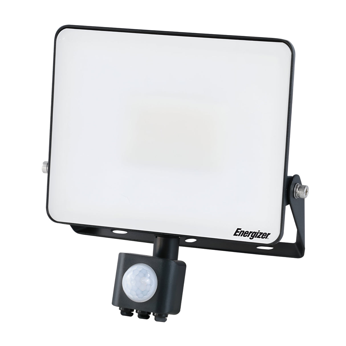 This Energizer 20W LED PIR Floodlight is designed in a sleek black rectangle with a white front panel, featuring an integrated motion sensor at the bottom. The Energizer brand name is prominently displayed on the corner, and it comes mounted on an adjustable bracket for optimal outdoor lighting in a 6,500K (Daylight) color temperature.