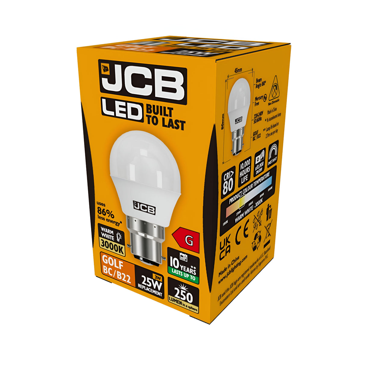 Introducing the JCB 3W Non-Dimmable LED Golf Ball Bulb, providing a cozy 3000K warm white glow ideal for energy-conscious users. This Bayonet Cap fitting (B22) bulb replaces a 25W bulb, lasts up to 10 years, saves 86% in energy, and emits a brilliant 250 lumens.