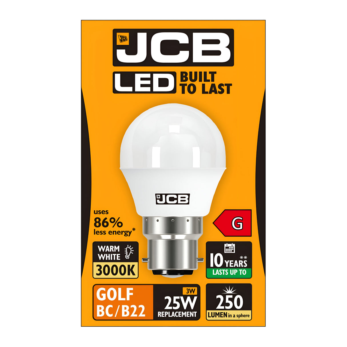 The JCB 3W Non-Dimmable LED Golf Ball Bulb in warm white (3000K) is designed for energy-conscious users, offering an impressive 86% savings. It efficiently replaces a 25W bulb with just 3 watts, delivering a brightness of 250 lumens and boasting a lifespan of up to 10 years. Perfectly suited for BC/B22 bayonet cap fittings, this bulb truly stands out in durability.