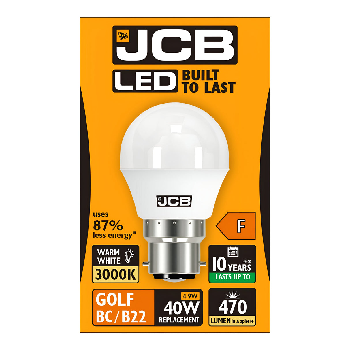 The packaging showcases the JCB 4.9W Non-Dimmable LED Golf Ball Bulb, featuring the text: "Built to Last." It uses 87% less energy and emits a warm white glow at 3000K. This sustainable lighting solution serves as a 40W replacement, consuming just 4.9W, with a lifespan of 10 years and an output of 470 lumens. The bulb type is Golf BC/B22 with an energy rating of F.