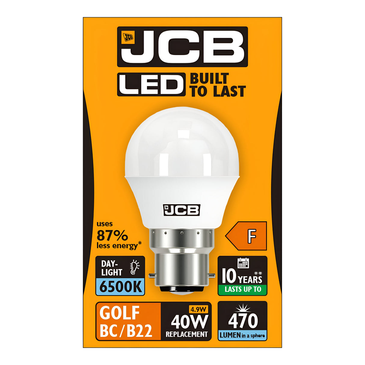 The JCB 4.9W Non-Dimmable LED Golf Ball Bulb, B22, in a striking orange and black package, showcases its impressive features: an energy-saving bulb with a daylight color temperature of 6500K delivering 470 lumens. It is built for durability with non-dimmable technology, offering an 87% reduction in energy usage, a lifespan of 10 years, and effortlessly replaces a traditional 40W bulb.