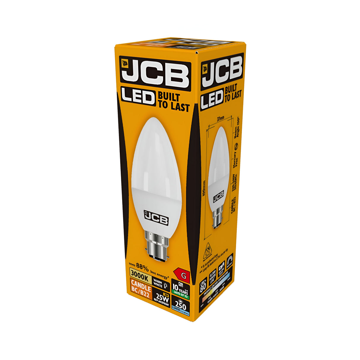 Image of the JCB 3W Non-Dimmable LED Candle Bulb box with a candle-shaped bulb design. The packaging is predominantly yellow with black text, emphasizing energy efficiency and warm white light. It highlights features such as "LED Built to Last," a 3000K color temperature, and 250 lumens, providing the brightness of a traditional 25W bulb while consuming only 3W.