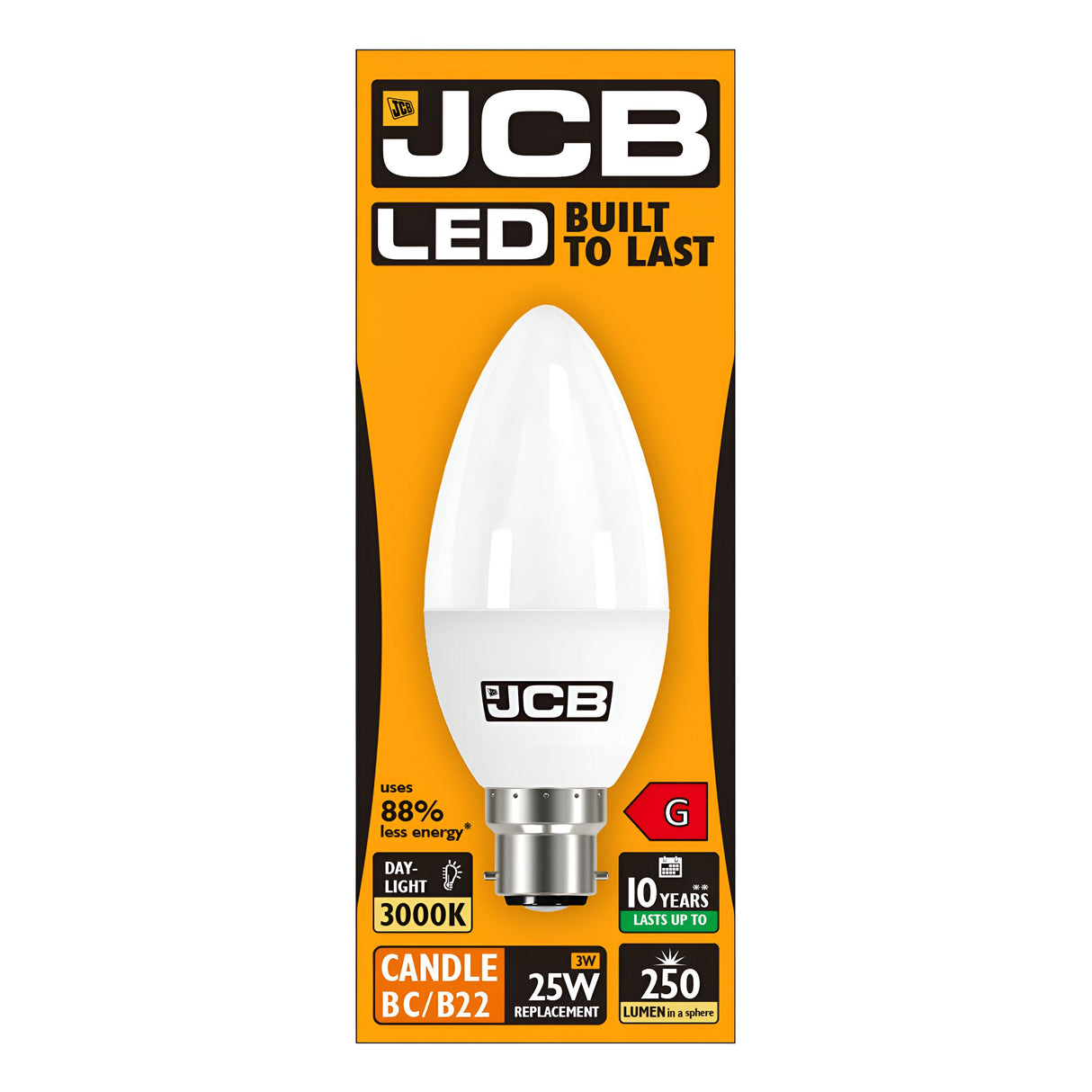 Image of a JCB 3W Non-Dimmable LED Candle Bulb packaging. This candle-shaped, energy-efficient bulb emits warm white light at 3000K, ideal for a daylight ambiance. It replaces a 25W bulb while using just 3W and provides 250 lumens with a B22 base. Designed for longevity, it promises to use 88% less energy over ten years. The package is orange.