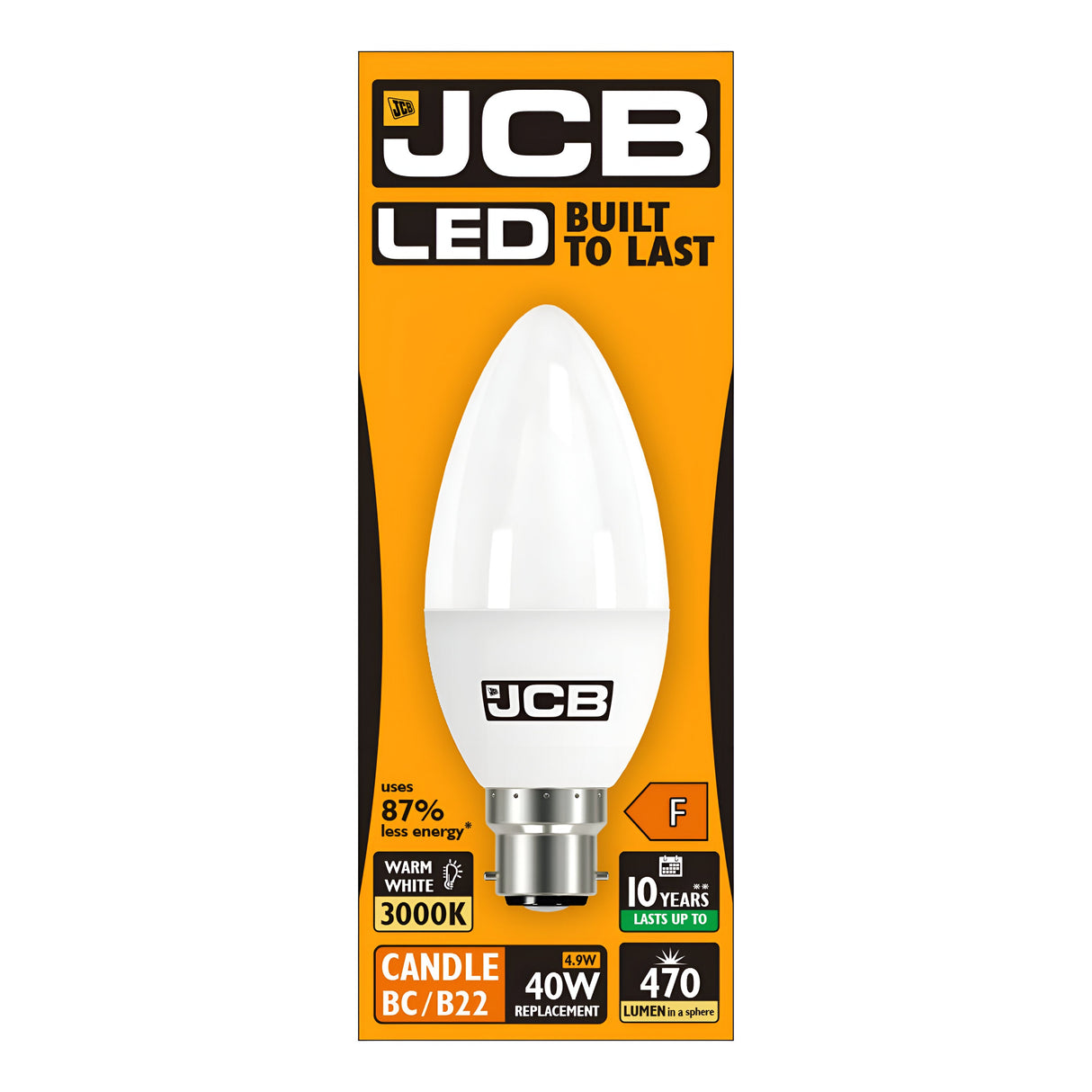 Packaging for the JCB-1 4.9W Non-Dimmable LED Candle Bulb with a B22 bayonet cap. It delivers 470 lumens, replacing a traditional 40W bulb while emitting warm white light at 3000K and consuming only 4.9W. With an energy efficiency rating of F, this bulb offers an impressive lifespan of up to 10 years and achieves energy savings of up to 87%.