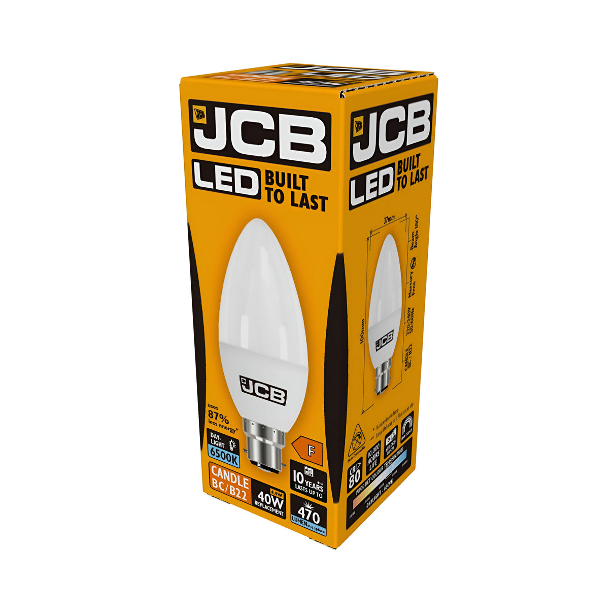 A brightly designed orange and black package holds a JCB 4.9W Non-Dimmable LED Candle Bulb, B22. The packaging emphasizes features such as its durability ("Built to Last"), energy-efficient performance equivalent to a 40W bulb, and a brightness of 470 lumens. With a color temperature of 6500K, it delivers cool white light.
