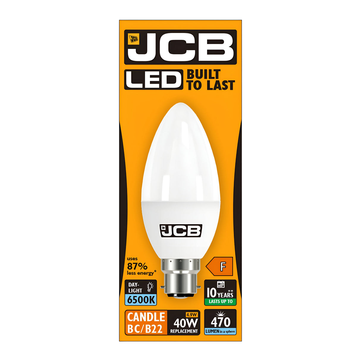 The packaging of the JCB 4.9W Non-Dimmable LED Candle Bulb - Daylight, B22, 6500K emphasizes its robust durability with a daylight glow at 6500K, offering brightness comparable to a 40W bulb and delivering 470 lumens. It provides up to 87% energy savings and boasts a lifespan of up to 10 years, making it an eco-friendly option that maintains high quality.