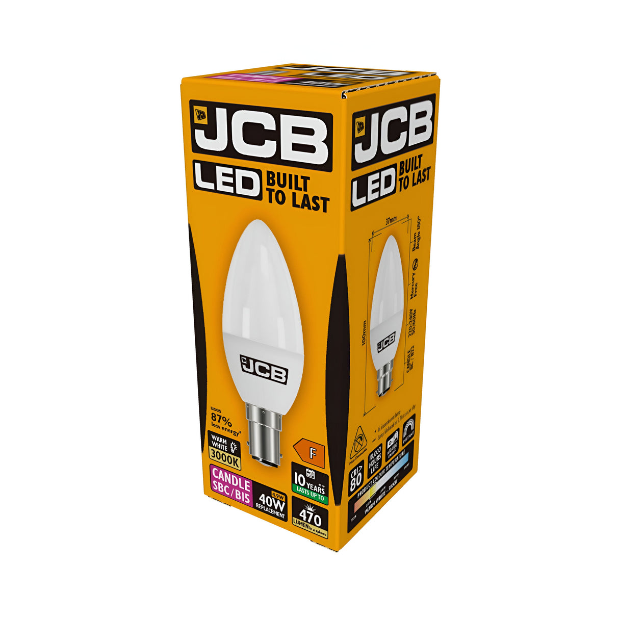 The JCB 4.9W Non-Dimmable LED Candle Bulb features a sleek yellow and black box packaging, highlighting its energy-efficient attributes. This candle-shaped bulb with an SBC/B15 design promises durability under the "Built to Last" banner, offering a warm white light at 3000K, equivalent to 40W with 470 lumens, and boasting an impressive energy saving of 87%.