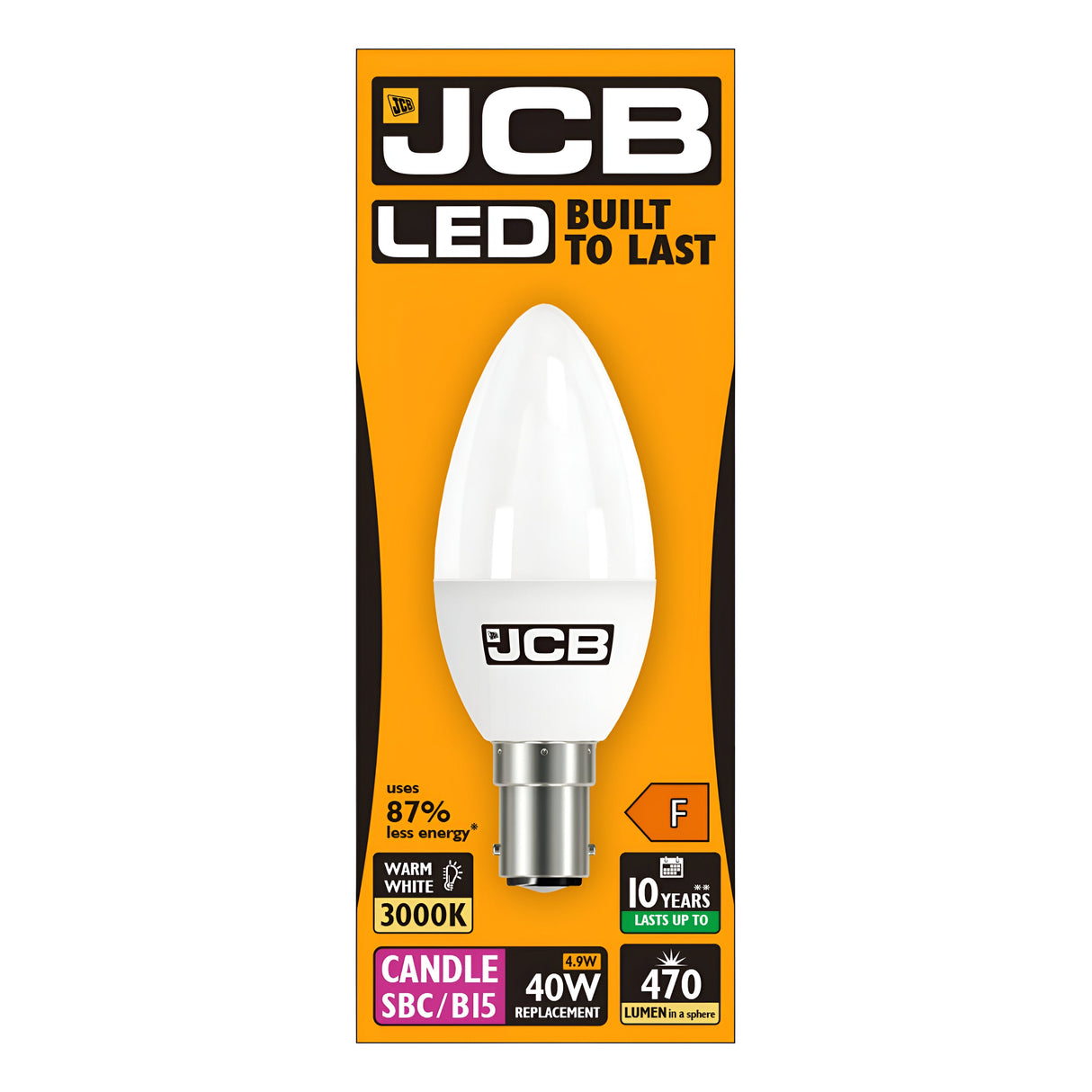 The package displays a JCB 4.9W Non-Dimmable LED Candle Bulb with a small bayonet cap (B15), showcasing its energy efficiency and warm white light output of 3000K, equivalent to a 40W bulb. It offers 470 lumens of brightness and boasts an impressive lifespan of up to 10 years.