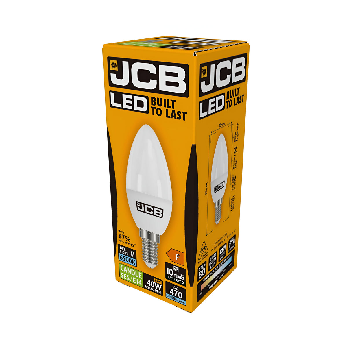 Packaging for a JCB 4.9W Non-Dimmable LED Candle Bulb in an orange design, highlighting the bulb's shape and features: equivalent to a 40W bulb, with 470 lumens output and 6500K daylight color temperature, featuring a small Edison screw fitting (SES, E14). Emphasizes Built to Last and energy-efficient alternative.