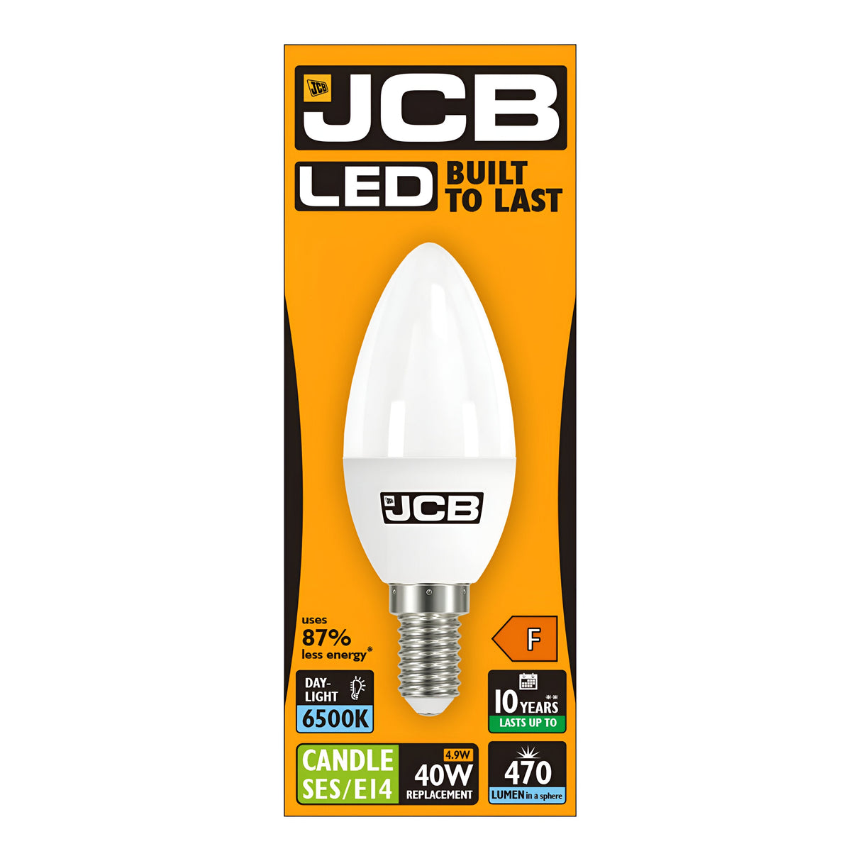 The image showcases the packaging of a JCB 4.9W Non-Dimmable LED Candle Bulb, featuring its energy-saving benefits as an efficient alternative. It offers a daylight color temperature of 6500K and emits 470 lumens. Designed for longevity, it consumes 87% less energy and provides a lifespan of up to 10 years.