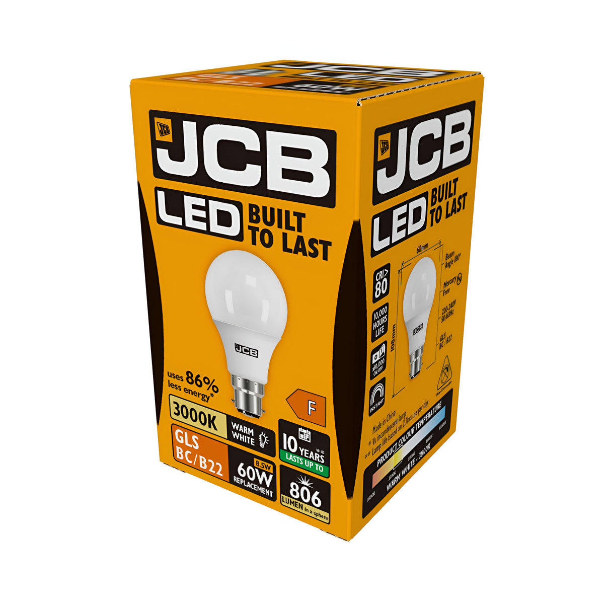 A box of JCB 8.5W Non-Dimmable LED GLS bulbs, fitted with a B22 Bayonet Cap, boasts features such as being built to last with 86% less energy consumption. It offers a warm white glow at 3000K, has a lifespan of 10 years, and provides the equivalent brightness of a 60W bulb with 806 lumens. The predominantly yellow and black packaging highlights these energy-efficient bulbs.