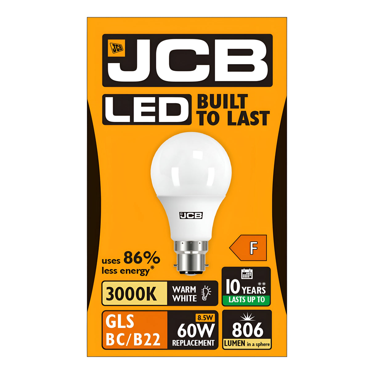 Packaging of the JCB 8.5W Non-Dimmable LED GLS Bulb highlights its Built to Last quality. This energy-efficient bulb emits a warm white glow at 3000K, delivering 806 lumens with an impressive energy saving of 86%. It features a B22 bayonet cap fitting, boasts a lifespan of 10 years, and has an energy rating of F.