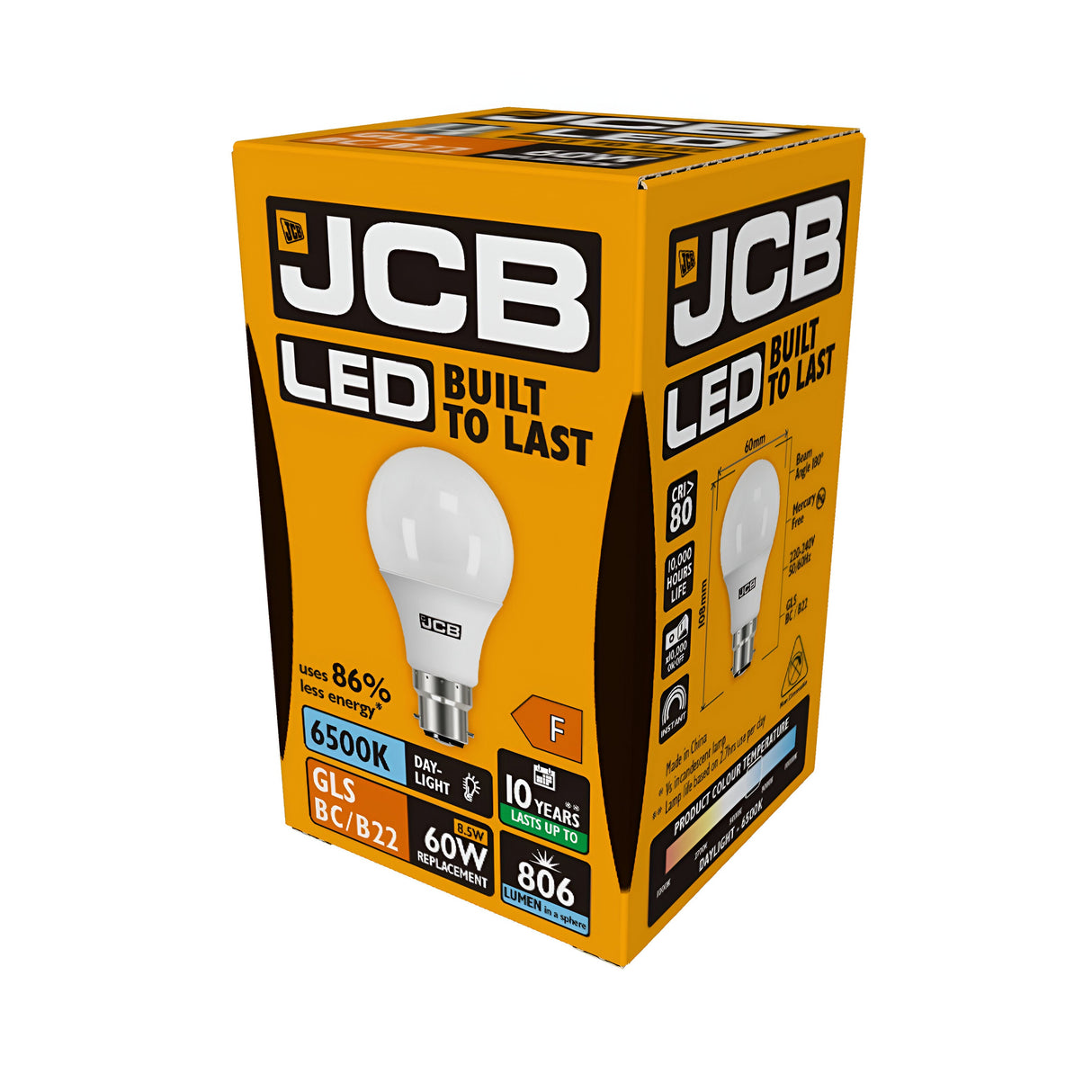 A JCB 8.5W Non-Dimmable LED GLS Bulb box, featuring a distinctive bright orange and black design, highlights its highly efficient replacement qualities such as "Built to Last," energy savings of 86%, a daylight color temperature of 6500K for the B22 base, a lifespan of 10 years, and an output of 806 lumens.