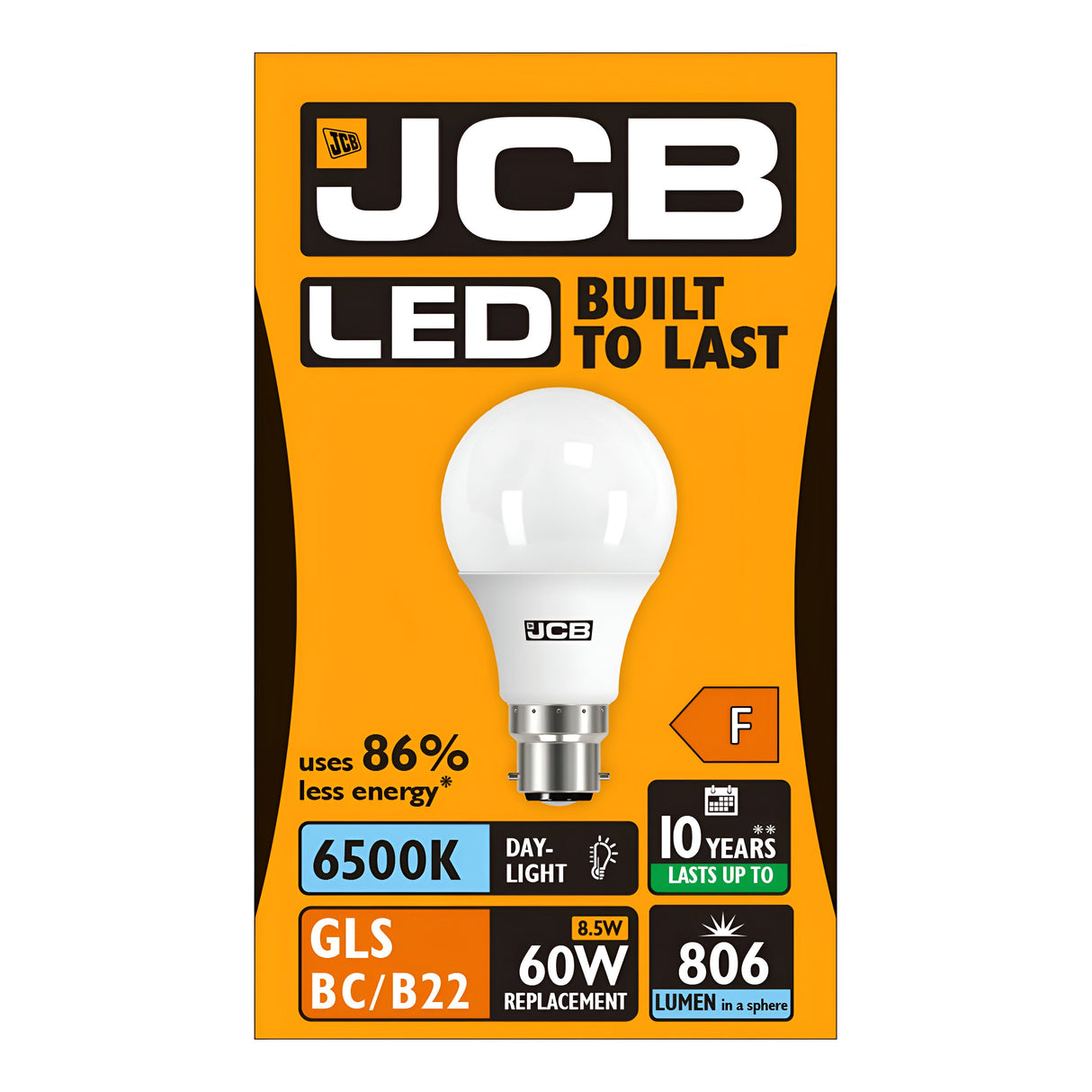 The packaging of the JCB 8.5W Non-Dimmable LED GLS Bulb in daylight color with a B22 base at 6500K features a highly efficient design that replaces a 60W bulb, providing 806 lumens. It has an energy rating of F and boasts a lifespan of 10 years, with the design primarily in black and orange colors.