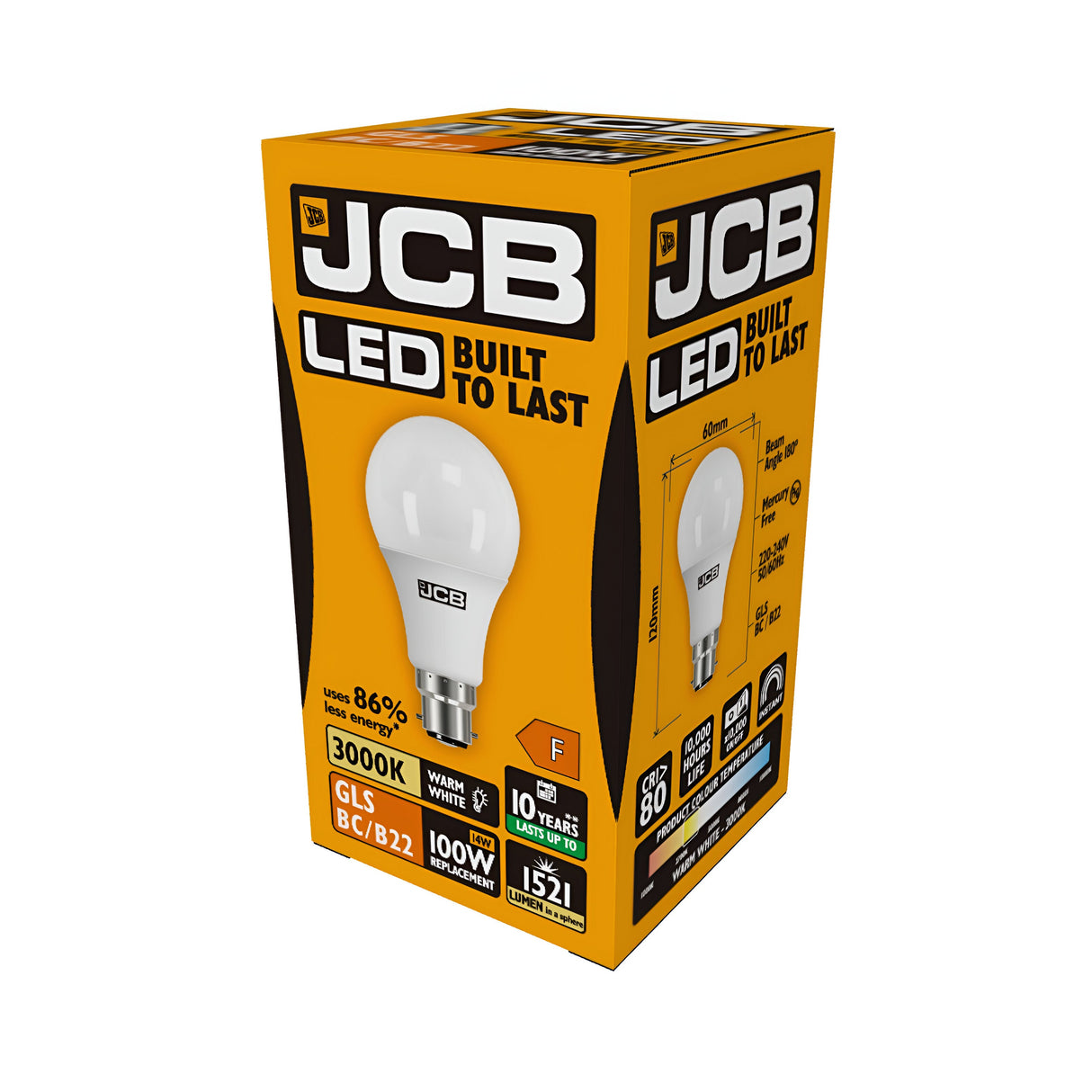 The JCB 14W Non-Dimmable LED GLS Bulb features orange and white packaging that emphasizes its superior energy efficiency, boasting 86% savings. It provides a warm white 3000K glow, has an impressive lifespan of 10 years, and offers a brightness of 1521 lumens. Built to Last quality guarantees its reliability.