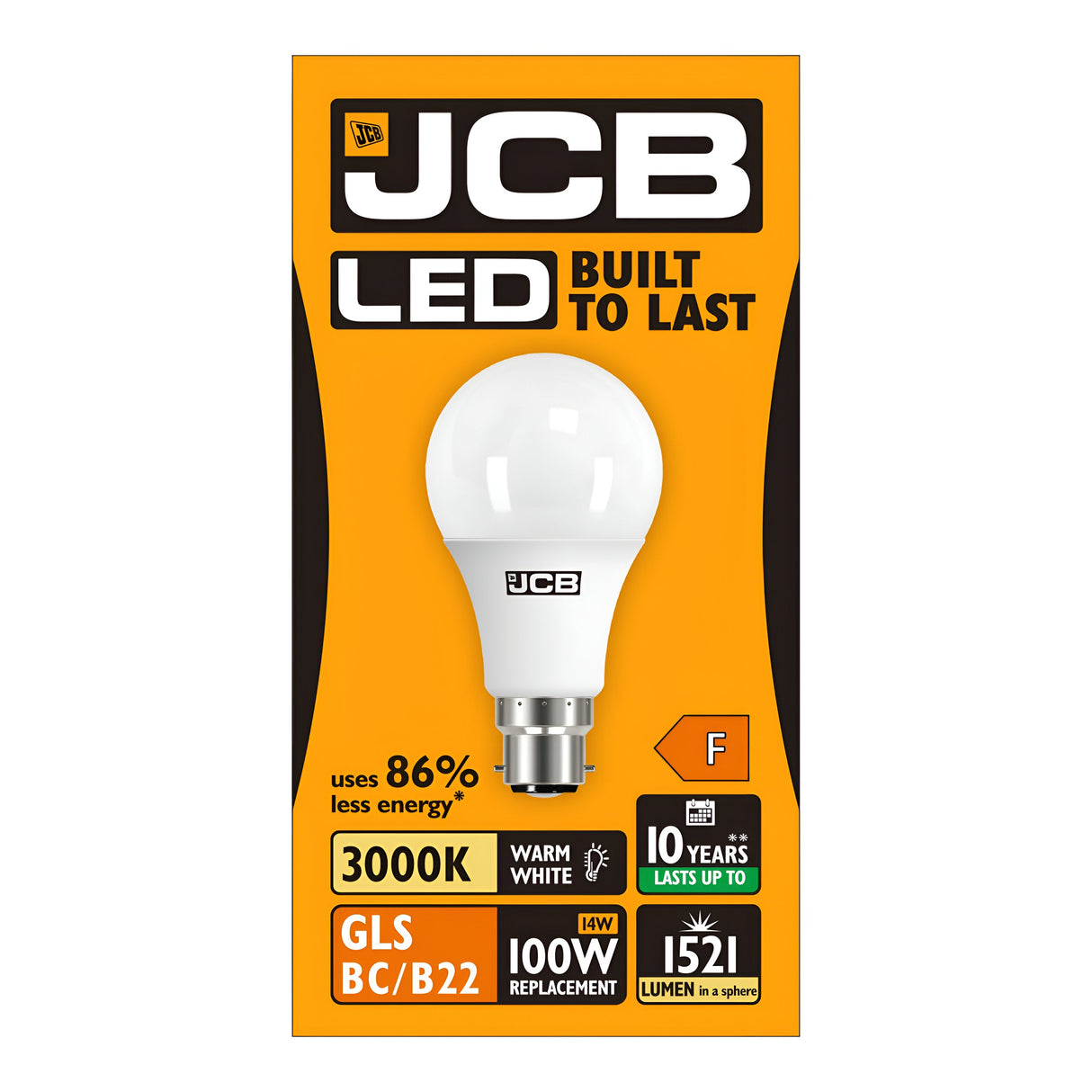 The orange packaging for the JCB 14W Non-Dimmable LED GLS Bulb - Warm White, B22, 3000K prominently displays its "Built to Last" label and emphasizes energy efficiency. This bulb offers a warm white light at 3000K, uses 86% less energy, has a lifespan of 10 years, yields a brightness equivalent to a 100W bulb at 1521 lumens, and features bold black and white text.