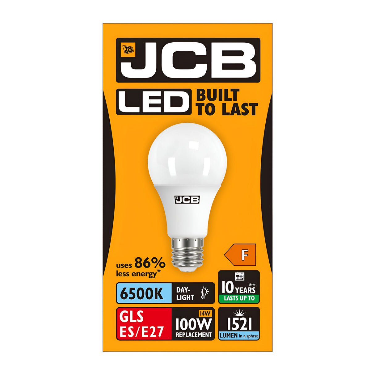 A package of JCB 14W Non-Dimmable LED GLS Bulbs is displayed against a vibrant yellow background. The text showcases its key features: Built to Last, Uses 86% Less Energy, 6-Year Lifespan, 6500K Daylight color, and a GLS ES/E27 fitting. This bulb effectively replaces traditional 100W bulbs with its impressive 1521 Lumen output and holds an energy rating of F.