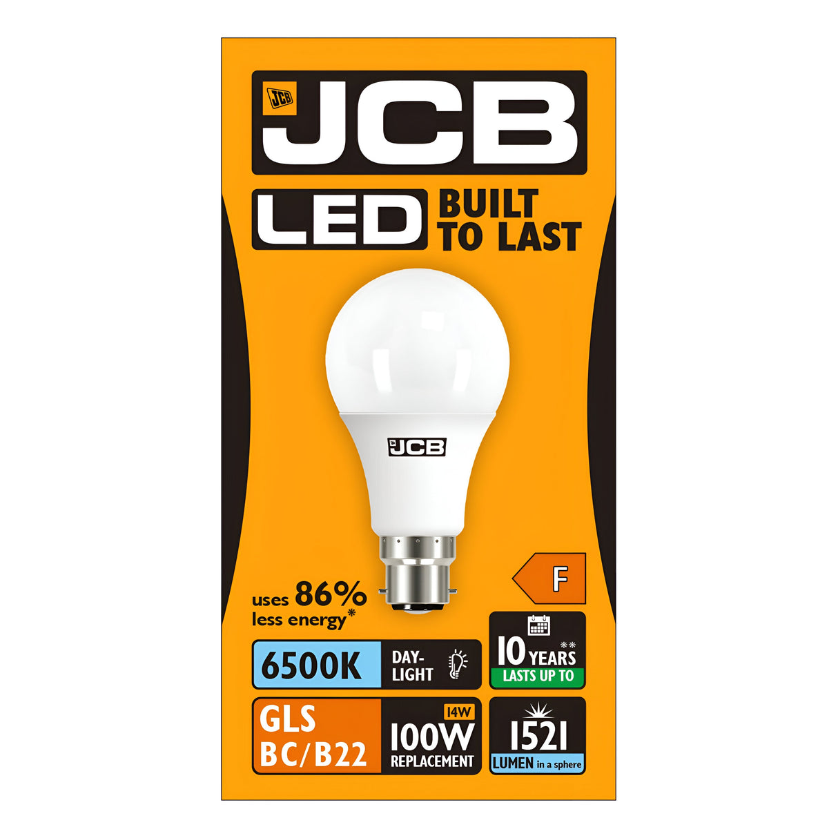 The JCB 14W Non-Dimmable LED GLS Bulb comes in sleek packaging with striking orange and black colors, highlighted by bold white text that reads "JCB LED Built to Last." This bulb offers an energy-efficient 6500K daylight color temperature, serving as a 100W replacement with 1521 lumens and an F energy rating, ensuring up to 86% energy savings.