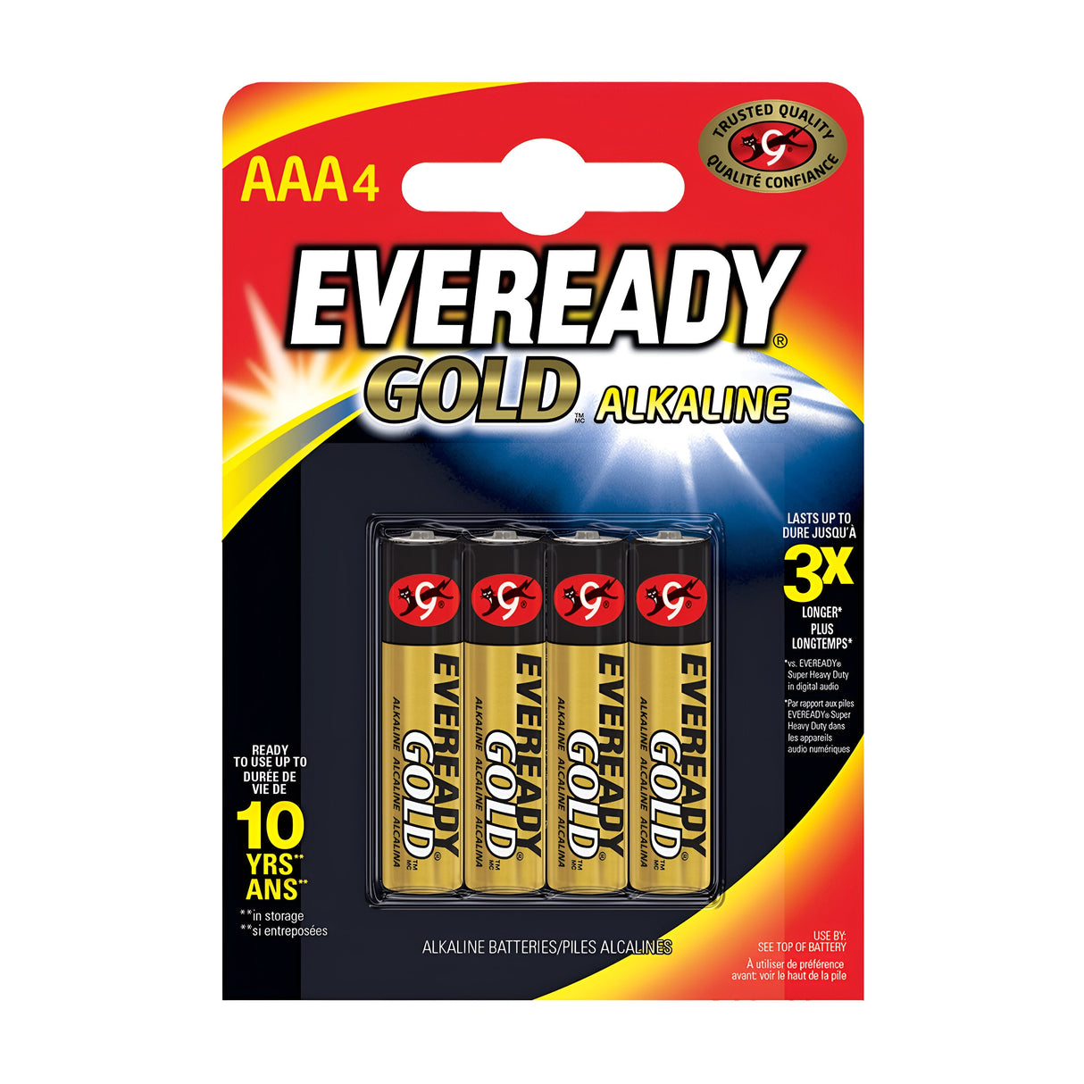 Image of Eveready AAA Alkaline Gold Batteries in a four-pack. The packaging assures reliable performance with trusted quality and provides 3x longer-lasting power, along with a 10-year shelf life. The design features predominantly red, yellow, and black colors.