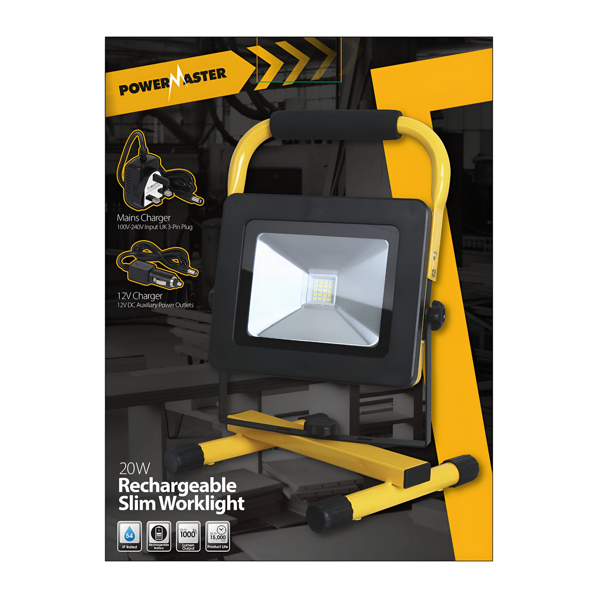 The packaging of the PowerMaster 20W LED Rechargeable Worklight showcases a yellow and black design. It includes mains and 12V chargers, delivers 1000 lumens at 6000K, has an IP65 rating, and provides a 3-hour runtime. Features include an energy-efficient SMD LED square panel and a top handle.
