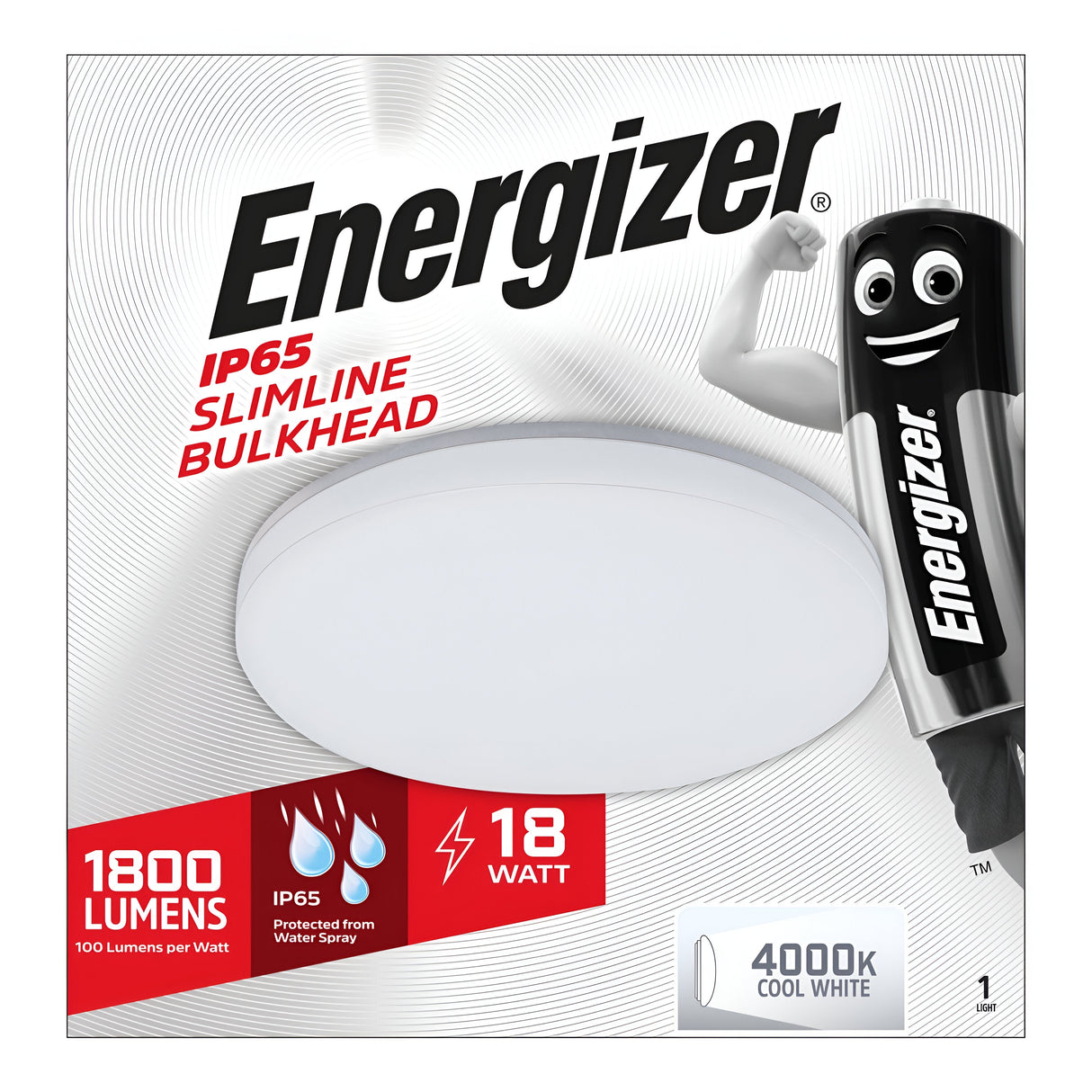 The Energizer Outdoor 18W LED Bulkhead 4000K in White delivers 1800 lumens with robust water spray protection. It emits a cool white glow of 4000K, featuring an energetic mascot with a battery theme, symbolizing efficiency and reliability.