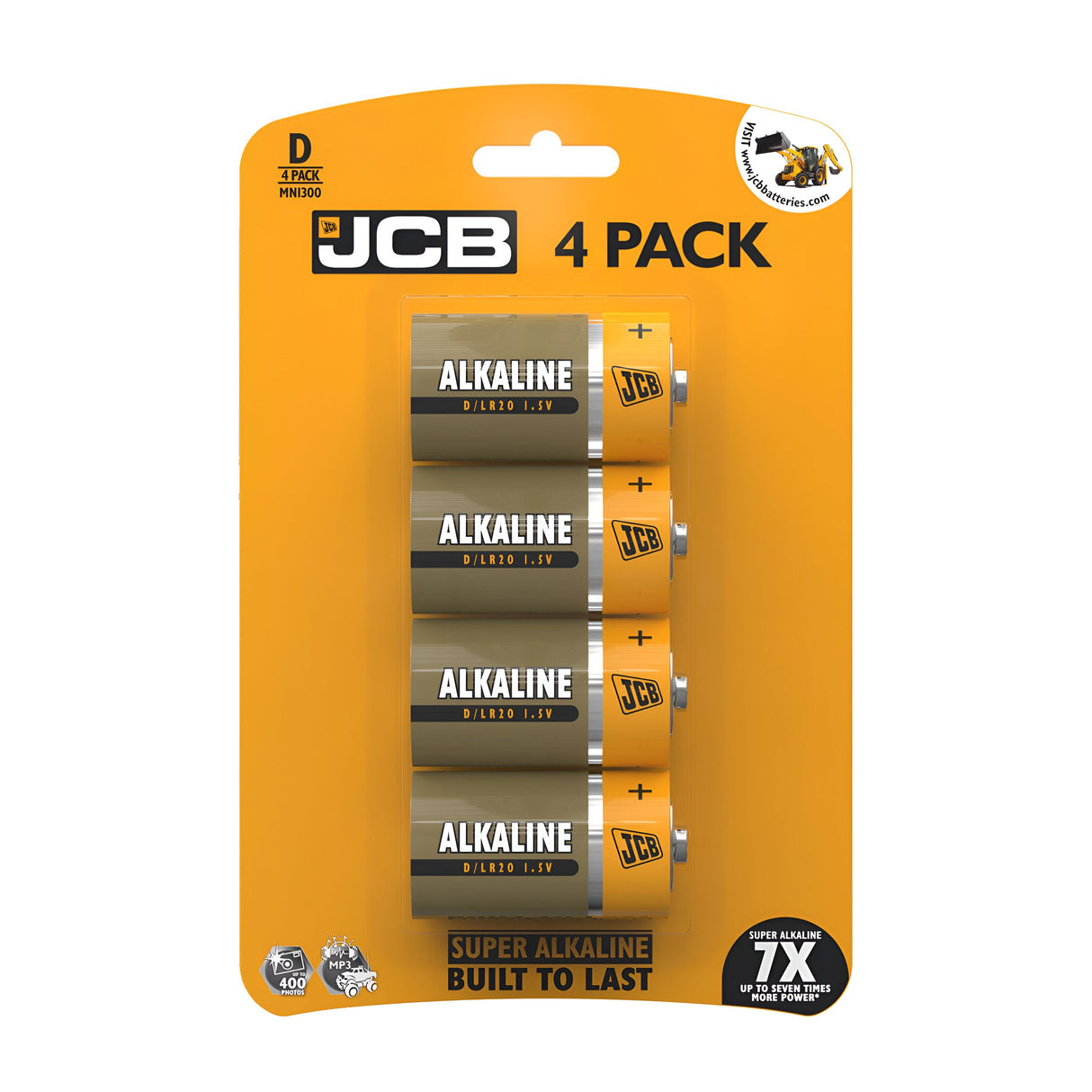 The JCB D LR20 Super Alkaline Batteries (4 Pack) are presented in a striking orange and black package adorned with the JCB logo. Each battery is marked with ALKALINE, D 1.5V, highlighting their long-lasting performance. The text "SUPER ALKALINE BUILT TO LAST" at the bottom signifies their suitability for powering devices using JCB D LR20 technology.