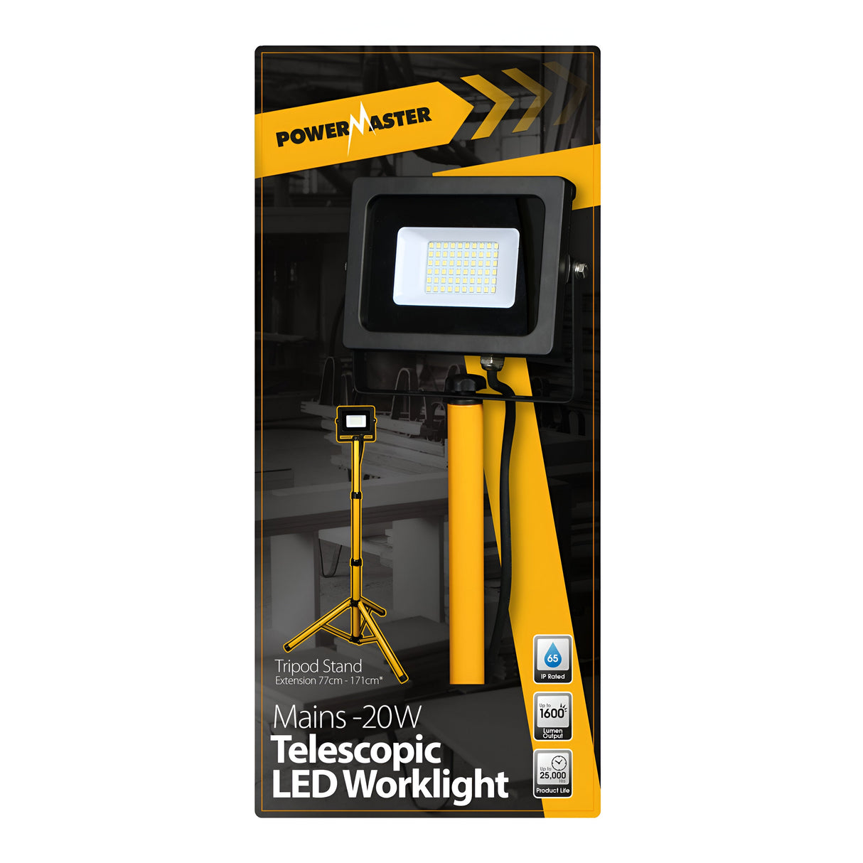 The PowerMaster 20W LED Telescopic Worklight includes a telescopic stand, provides 1600 lumens, operates on 20W mains power, is robustly designed for industrial use, and holds an IP65 rating for reliability in various conditions.