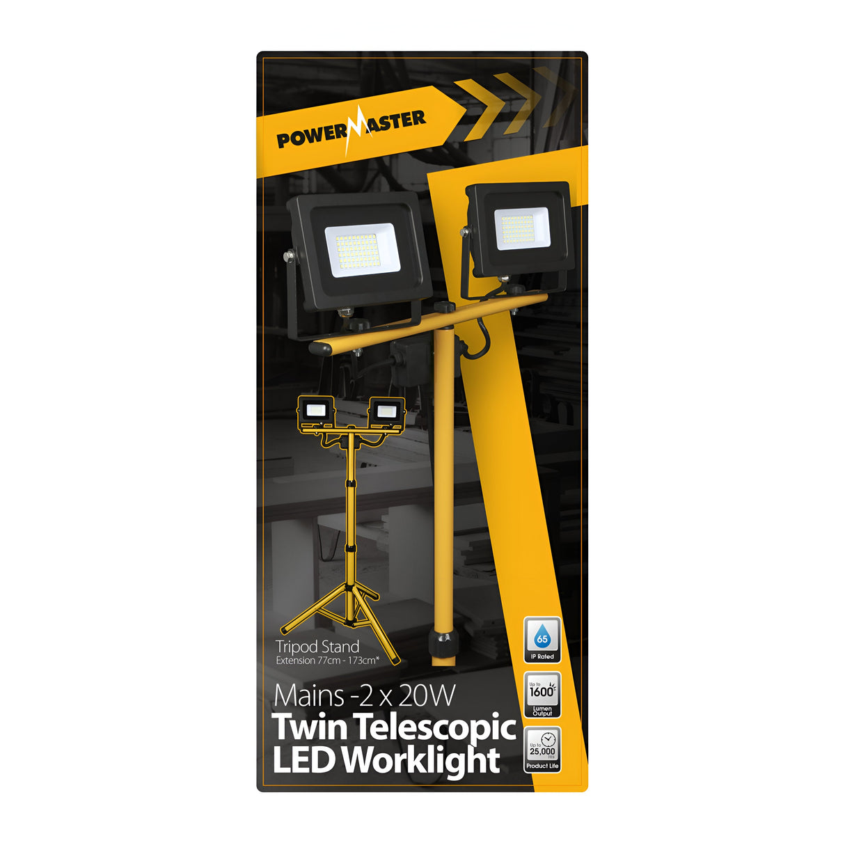 The PowerMaster 2x20W LED Twin Telescopic Worklight packaging features two adjustable LED lights on a yellow tripod, with each light having an IP65 rating and a combined luminosity of 3200 lumens.