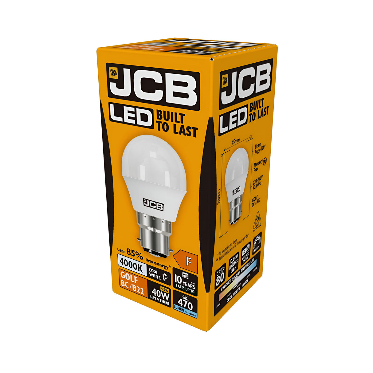 The JCB 5.5W Non-Dimmable LED Golf Ball Bulb, featuring a Bayonet Cap (B22) fitting, comes in a yellow and black box with the text "Built to Last." It offers a cool white light at 4000K and is equivalent to a 40W bulb with a brightness of 470 lumens. This energy-efficient bulb has an F rating.