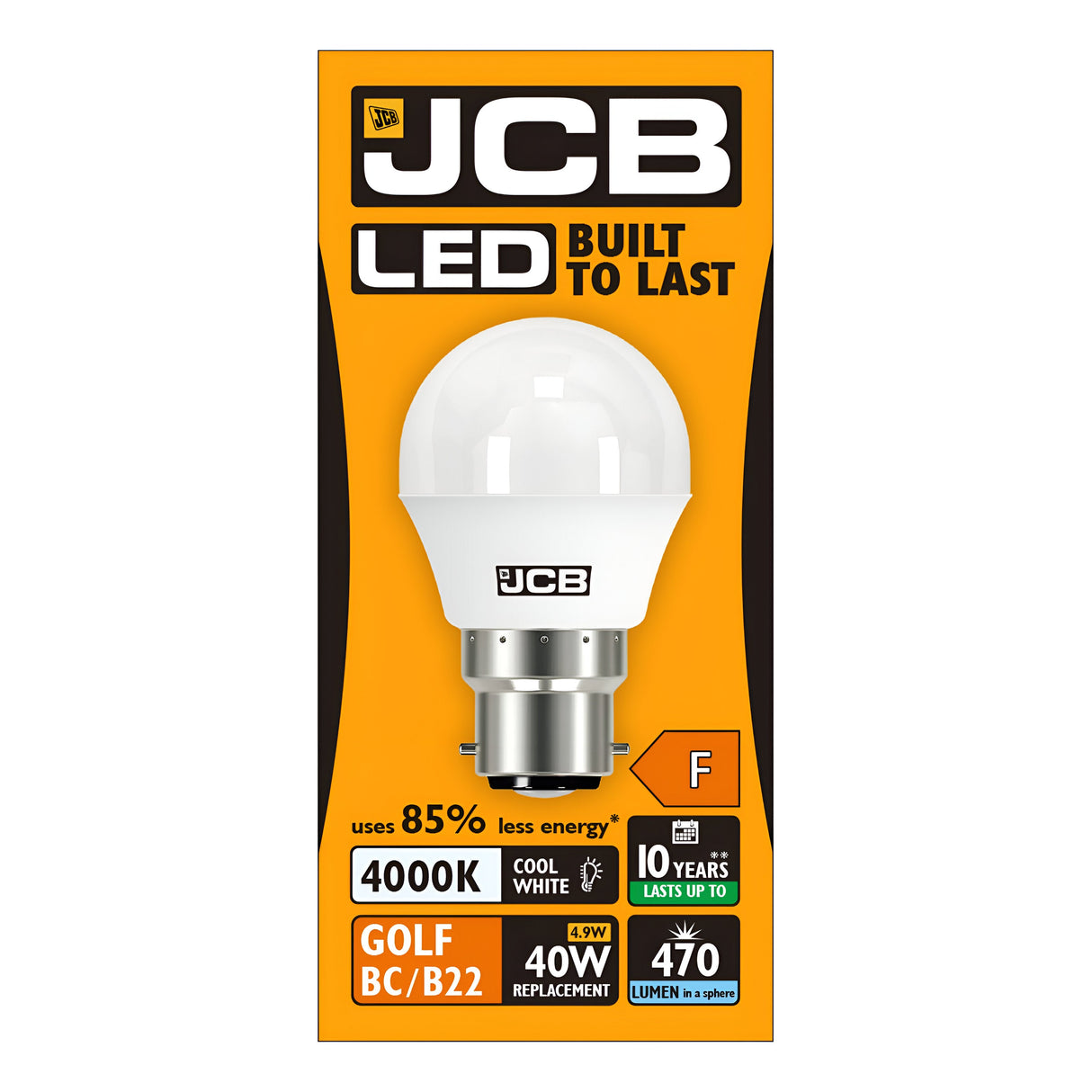 The JCB 5.5W Non-Dimmable LED Golf Ball Bulb, featuring the "Built to Last" slogan, highlights its energy efficiency by utilizing only 15% of the energy required by traditional bulbs. This bulb provides a cool white light at 4000K, effectively replacing a standard 40W bulb with a brightness of 470 lumens. Designed for Bayonet Cap (B22) fittings, it boasts an impressive lifespan of up to 10 years, all presented against an orange background with bold text.