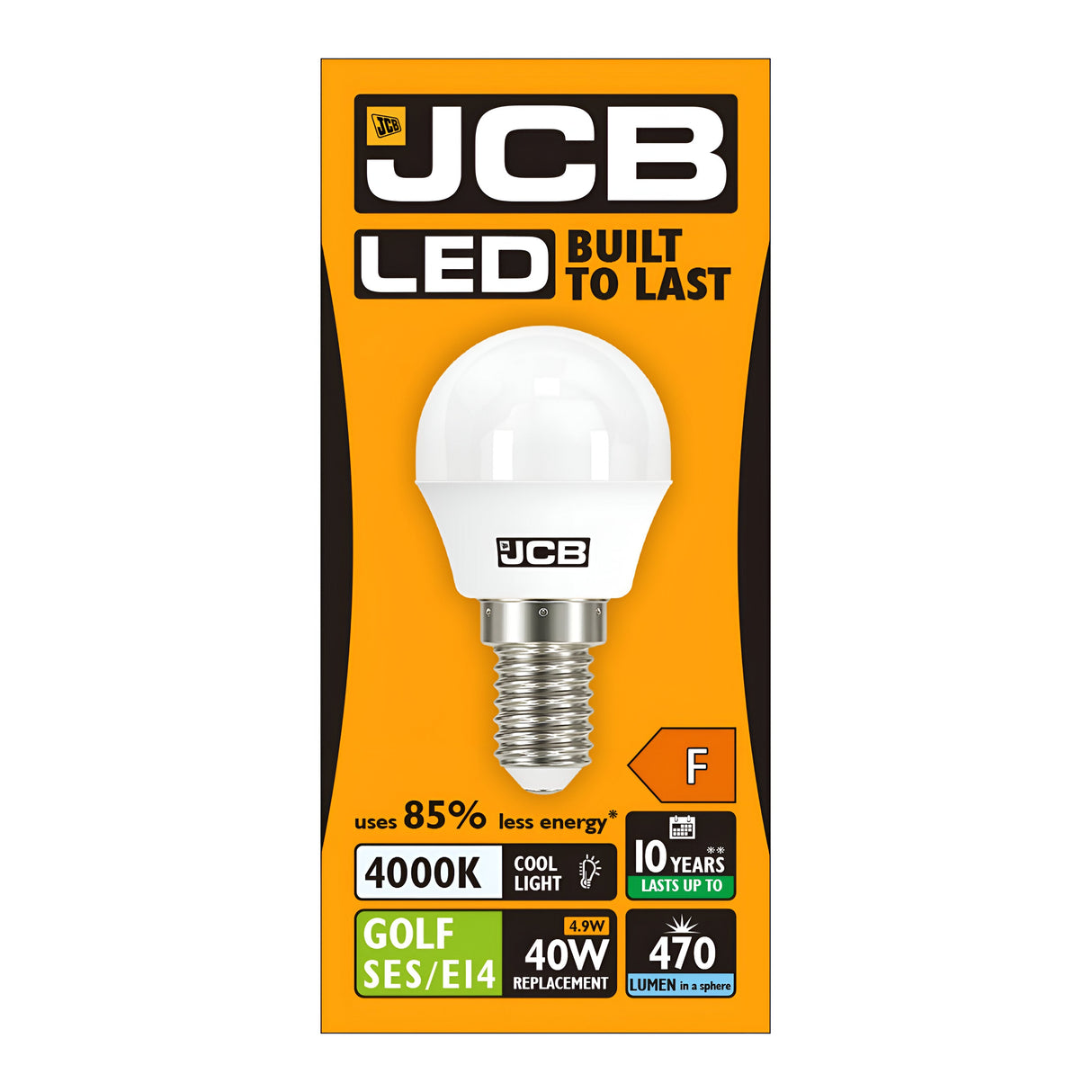 Image of the JCB 4.9W Non-Dimmable LED Golf Ball Bulb packaging highlighting key features such as Built to Last, Cool White Light at 4000K, E14 base, and its ability to replace a 40W bulb. It provides 470 Lumens with an energy rating of F and boasts up to 85% energy savings with a lifespan of up to 10 years.