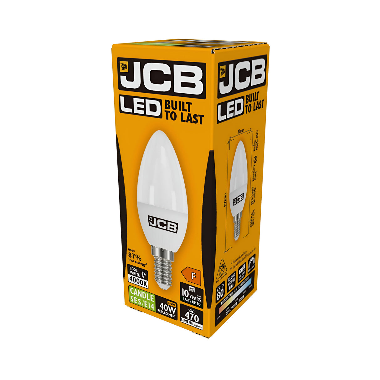A yellow and orange box contains a JCB 4.9W Non-Dimmable LED Candle Bulb, designed with a small Edison screw (E14) base. This energy-efficient bulb emits 470 lumens in cool white at a color temperature of 4000K and carries an energy rating of F, proudly labeled Built to Last.