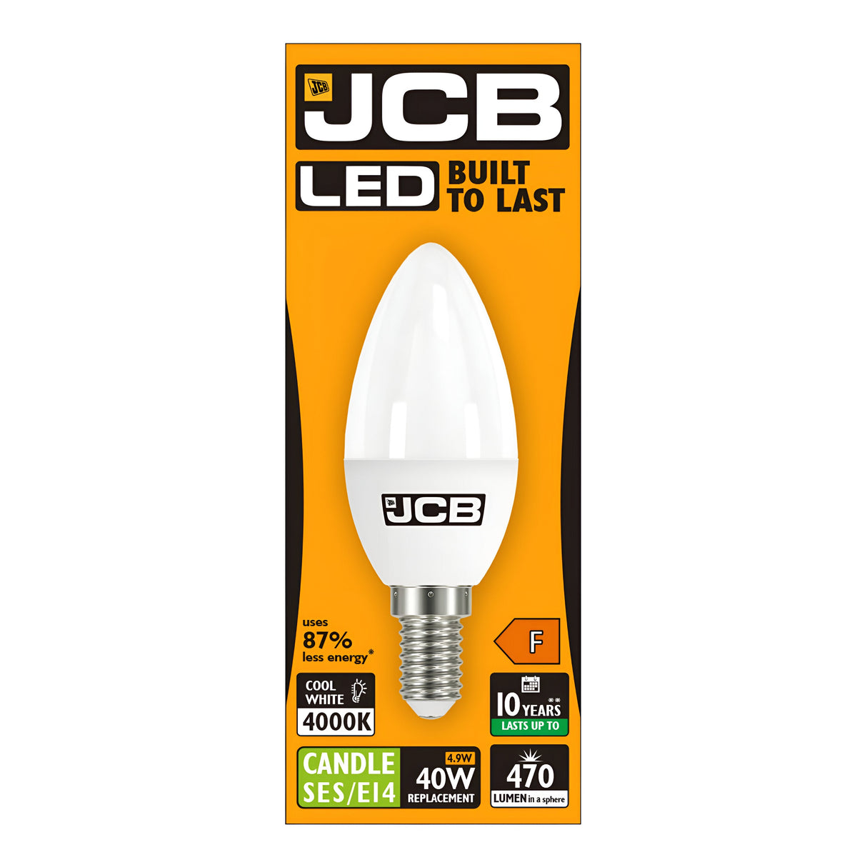 Image of a JCB 4.9W Non-Dimmable LED Candle Bulb in its packaging. The energy-efficient bulb flaunts an orange and black package, boasting Built to Last, Cool White 4000K color temperature, 470 lumens, equivalent to a 40W replacement, and an impressive lifespan of up to 10 years. The bulb features an SES/E14 base.