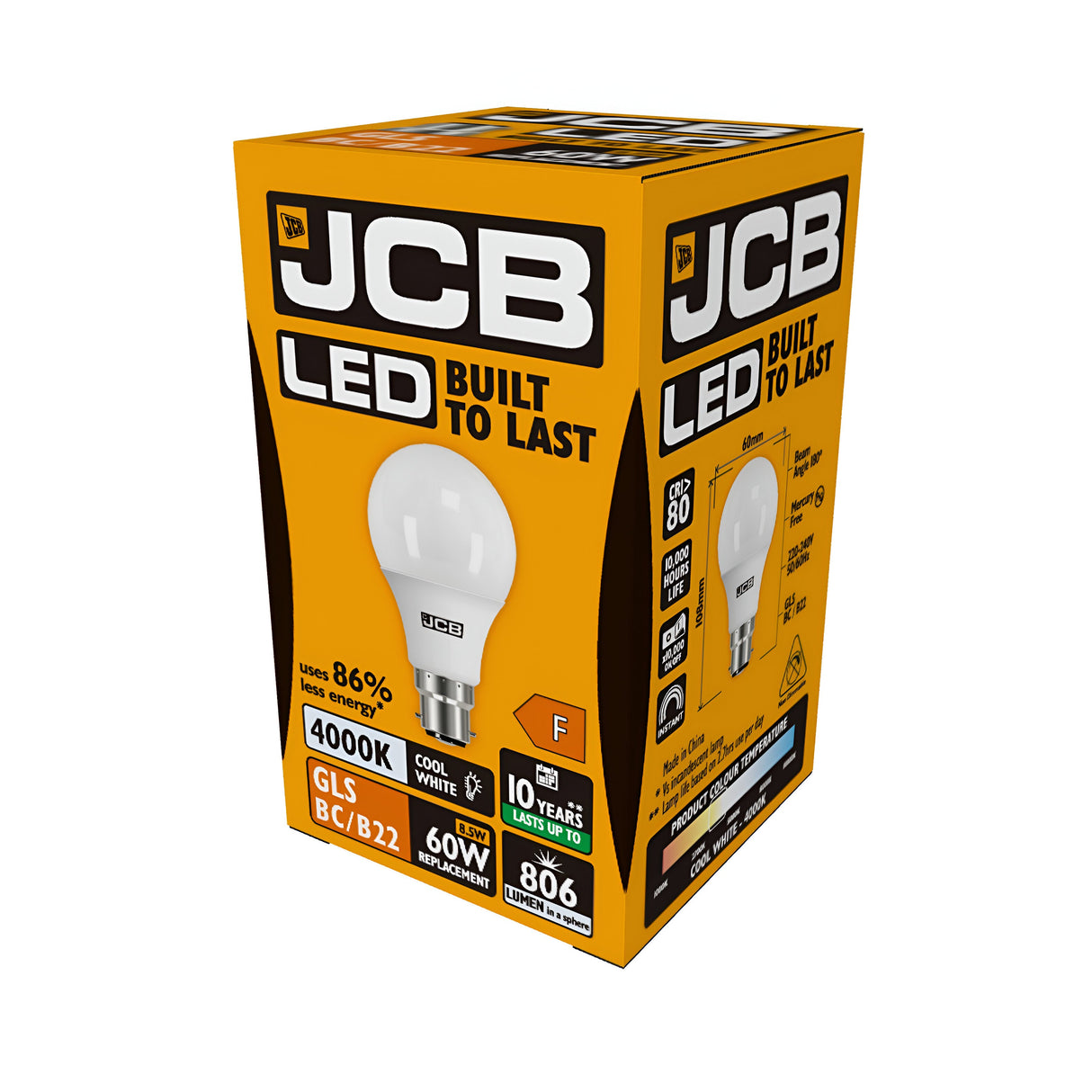 This image features a JCB branded yellow and black box holding a JCB 8.5W Non-Dimmable LED GLS Bulb in Cool White (4000K). Designed with a Bayonet Cap, it provides 806 lumens of light, boasts 86% energy efficiency, and offers an impressive lifespan of up to 10 years.