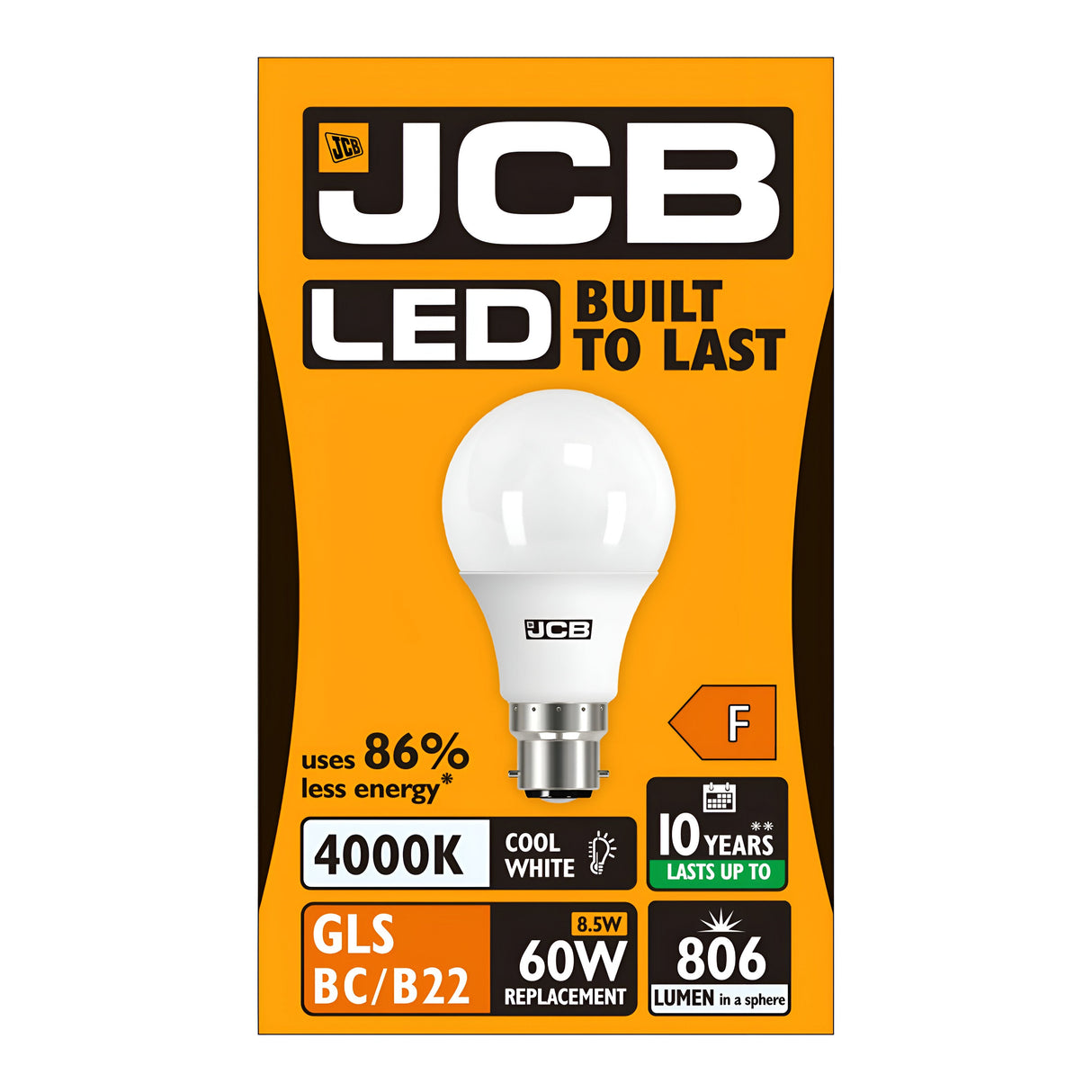 Image of a JCB 8.5W Non-Dimmable LED GLS Bulb packaging in vibrant orange. Key features include exceptional energy efficiency with 86% less energy usage, providing a Cool White glow at 4000K and lasting up to 10 years. It replaces a standard 60W bulb with just 8.5W, delivering 806 lumens, featuring a Bayonet Cap (B22) fitting, and has an energy rating of F.